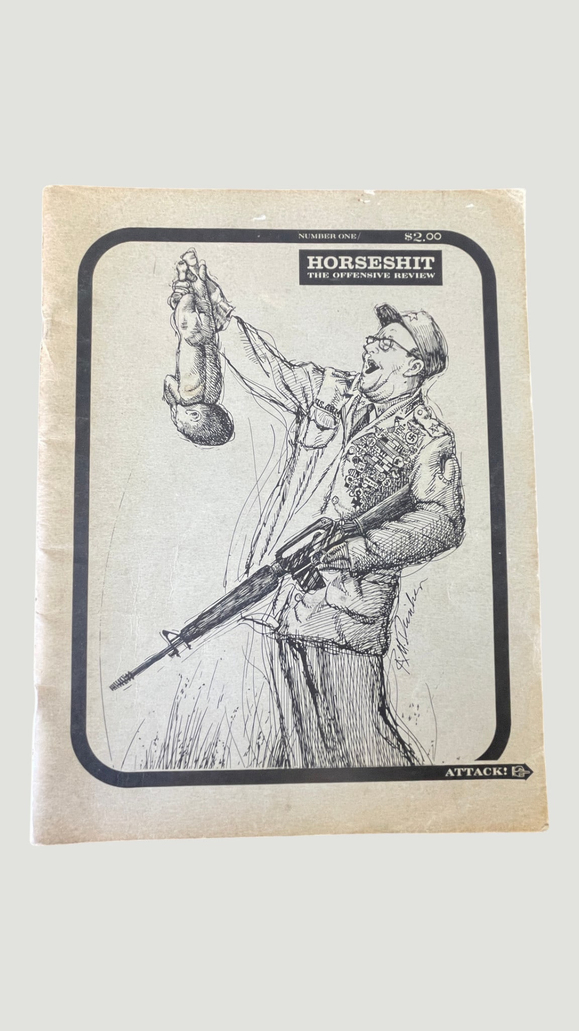 Horseshit: The Offensive Review #1 Satirical Underground Magazine: Issue Number One of 'Horseshit: The Offensive Review,' a rare underground satirical publication priced originally at $2.00. The cover features a striking pen-and-ink editorial cartoon depicting a mili