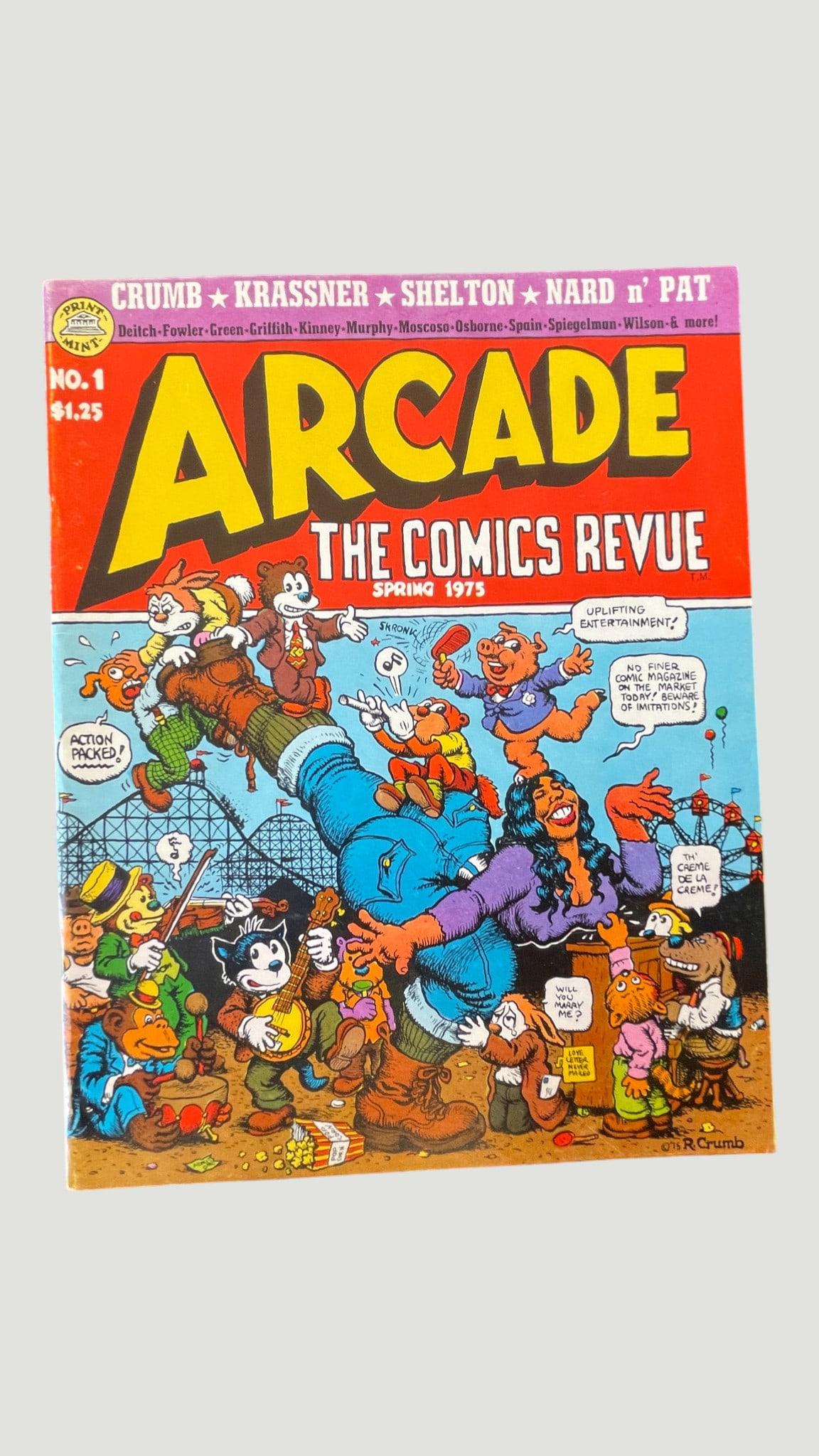 Arcade: The Comics Revue No. 1, Spring 1975, Print Mint, R. Crumb Cover: Arcade: The Comics Revue No. 1, published by Print Mint in Spring 1975, is a landmark underground comix anthology edited by Art Spiegelman and Bill Griffith. The cover art is by R. Crumb, depicting a 