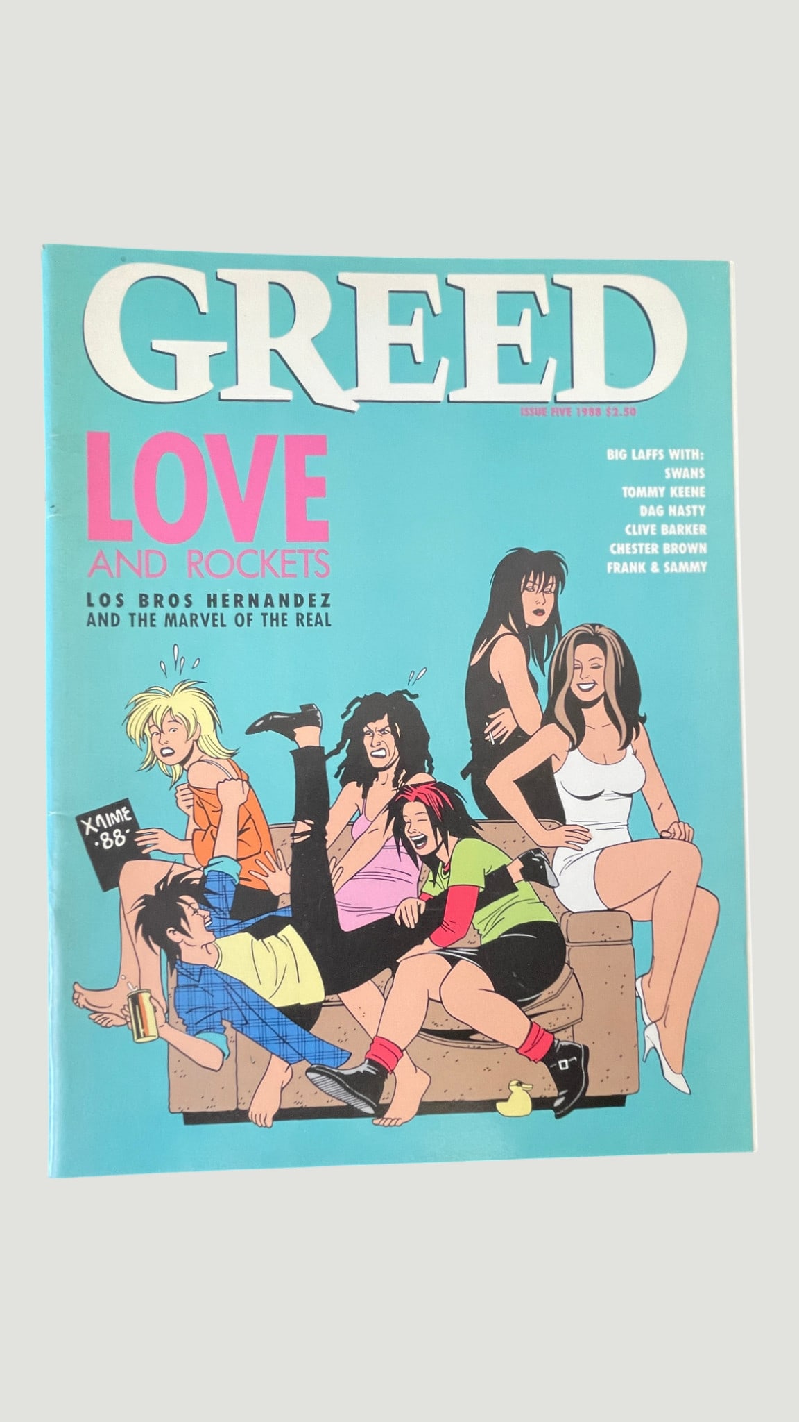 GREED Magazine Issue Five 1988 – Love and Rockets / Los Bros Hernandez Cover: Greed Magazine Issue Five, published in 1988 and priced at £2.50, featuring a striking illustrated cover spotlighting Love and Rockets with an article on Los Bros Hernandez and 'The Marvel of th