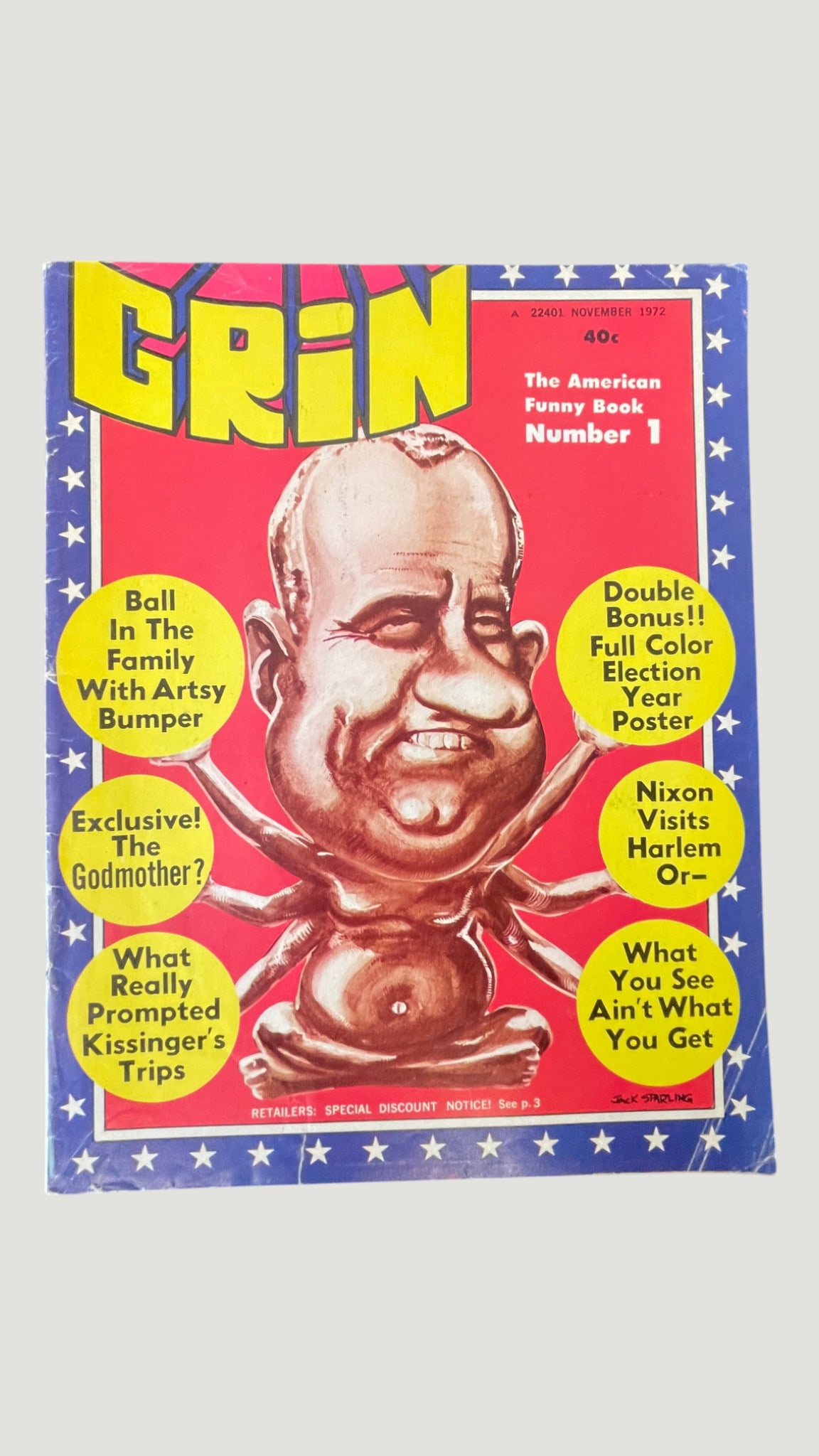 GRIN #1 'The American Funny Book' Political Satire Magazine, November 1972: GRIN #1, published November 1972, is the debut issue of this short-lived American political satire and humor magazine, priced at 40 cents. The cover features a striking caricature illustration by arti