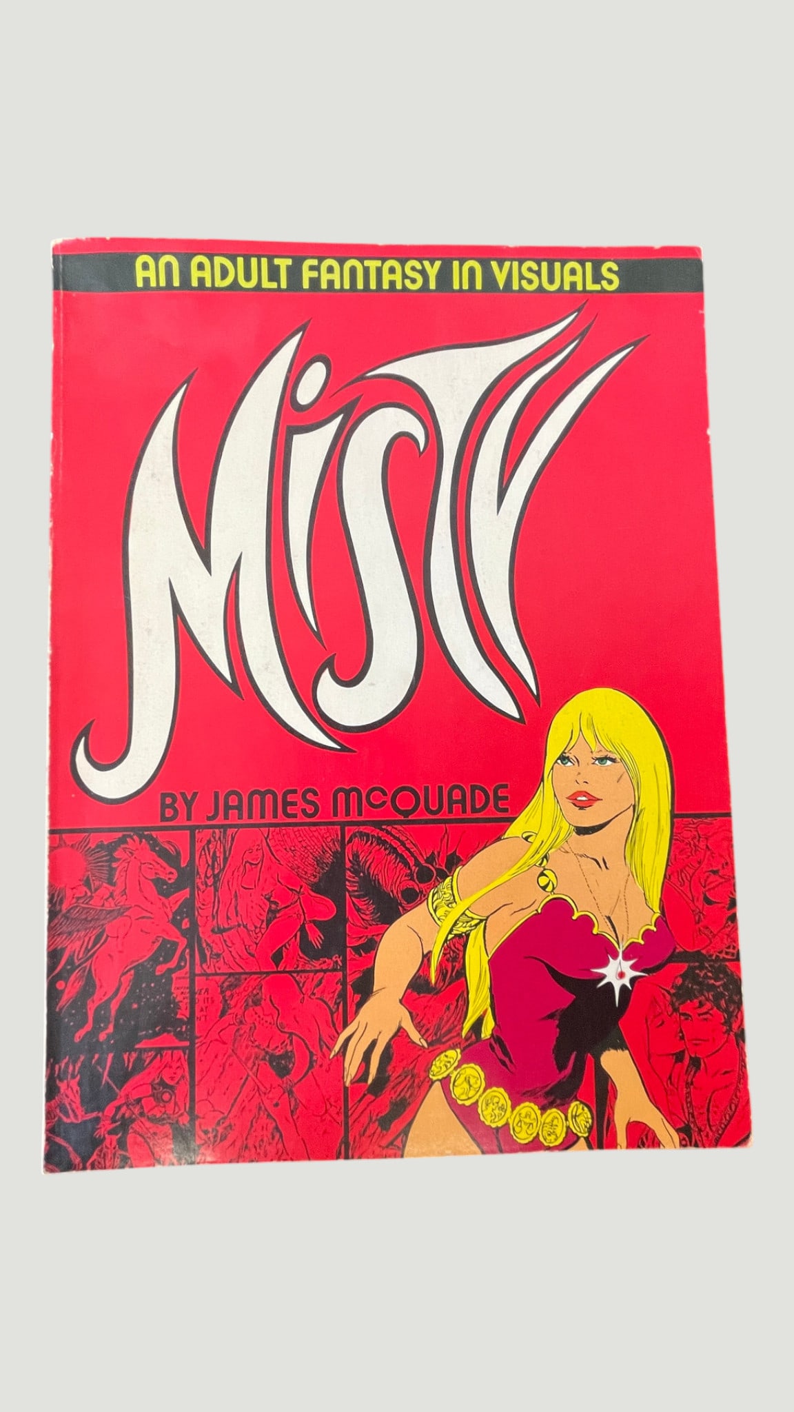 Misty by James McQuade Adult Fantasy in Visuals Vintage Underground Comic: Misty: An Adult Fantasy in Visuals, written and illustrated by James McQuade, is a vintage adult fantasy comic/graphic novel from the underground comix era, likely published in the 1970s. The bold red