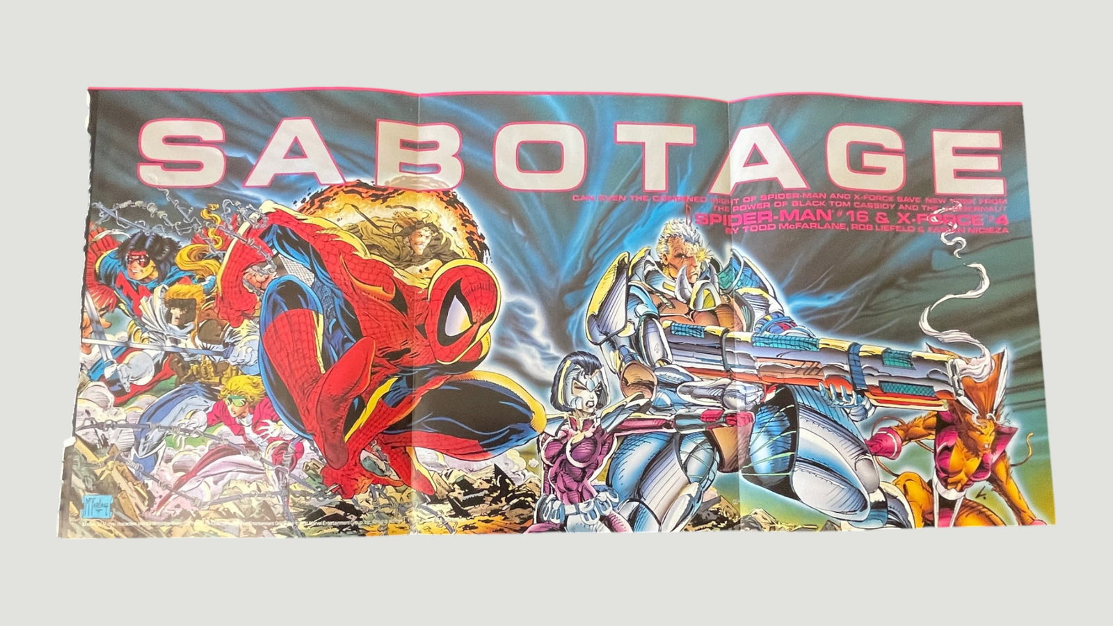 Marvel 'Sabotage' Promo Poster Spider-Man #16 & X-Force #4 McFarlane Liefeld 1991: An original Marvel Comics promotional fold-out poster titled 'SABOTAGE,' advertising the crossover event featured in Spider-Man #16 and X-Force #4, circa 1991. The artwork depicts Spider-Man, Cable, D