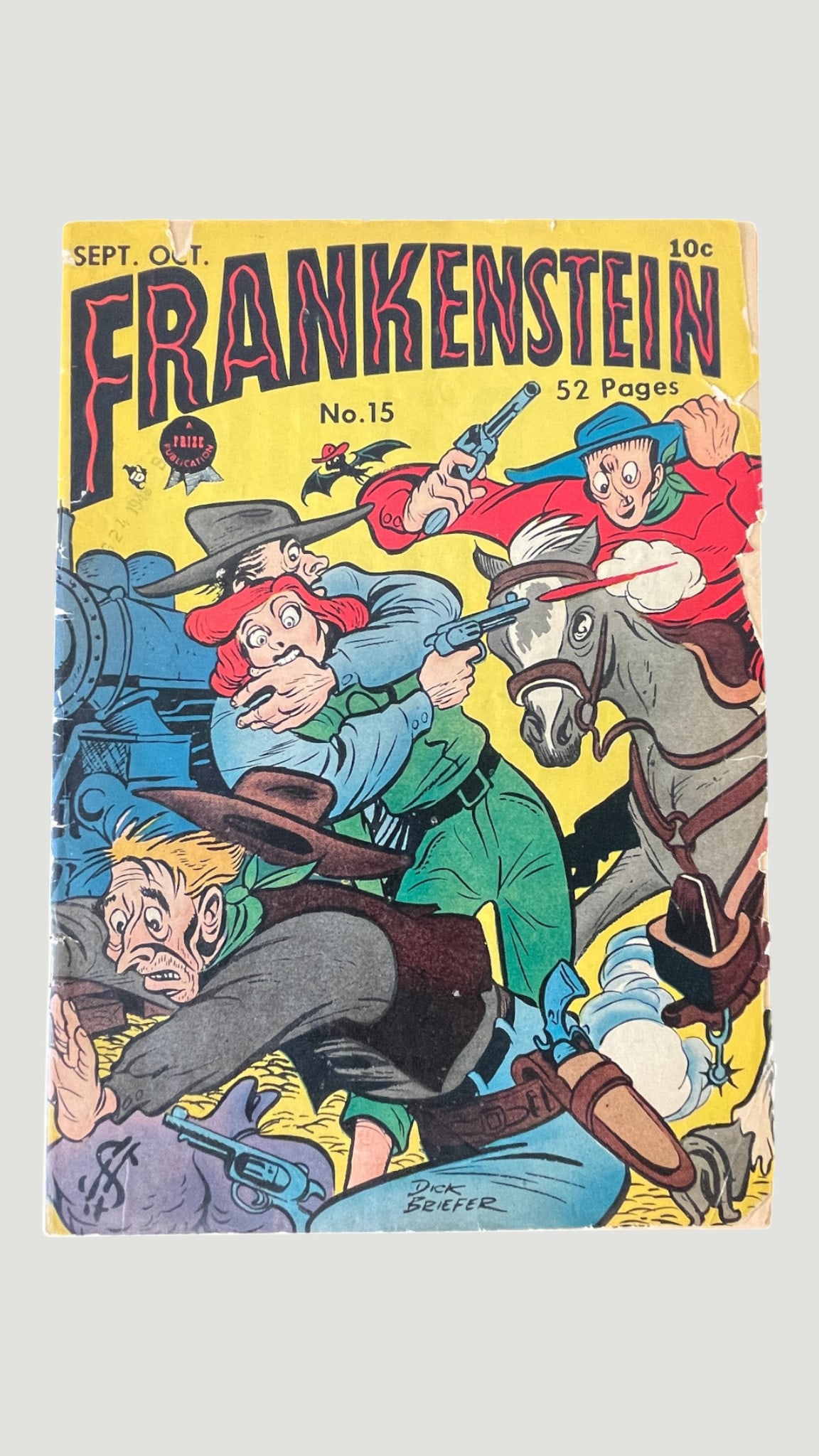 Frankenstein #15 Prize Comics Sept/Oct 1950 Dick Briefer Golden Age Comic: Frankenstein #15 published by Prize Publications, dated September/October 1950, featuring 52 pages of content. Cover art is by Dick Briefer, who is credited on the cover, depicting a lively Western ac