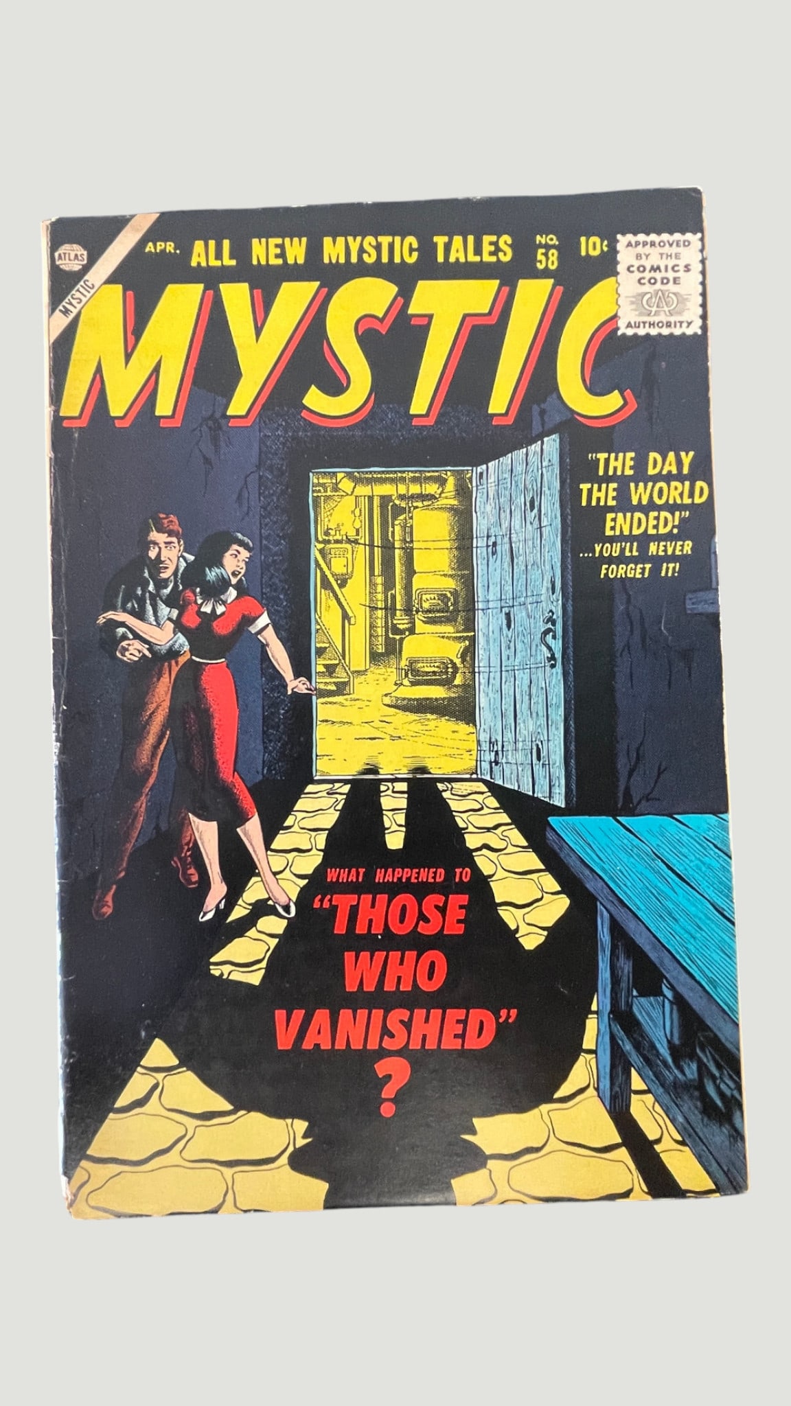 Mystic #58 Atlas Comics Apr 1957 'All New Mystic Tales' Horror Anthology: Mystic #58 is a Silver Age horror anthology comic published by Atlas Comics (a precursor to Marvel Comics), cover dated April 1957, priced at 10 cents. The striking cover features two figures recoilin
