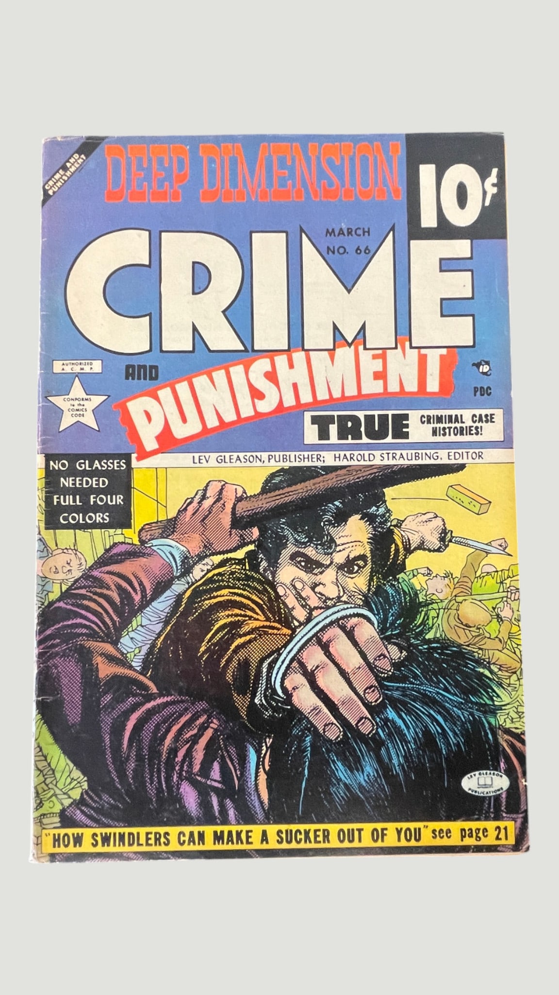 Crime and Punishment #66 (Lev Gleason, March 1954) Deep Dimension 3D Comic: Crime and Punishment #66, published by Lev Gleason Publications in March 1954, edited by Harold Straubing. This issue features the 'Deep Dimension' full four-color 3D presentation advertised as requir