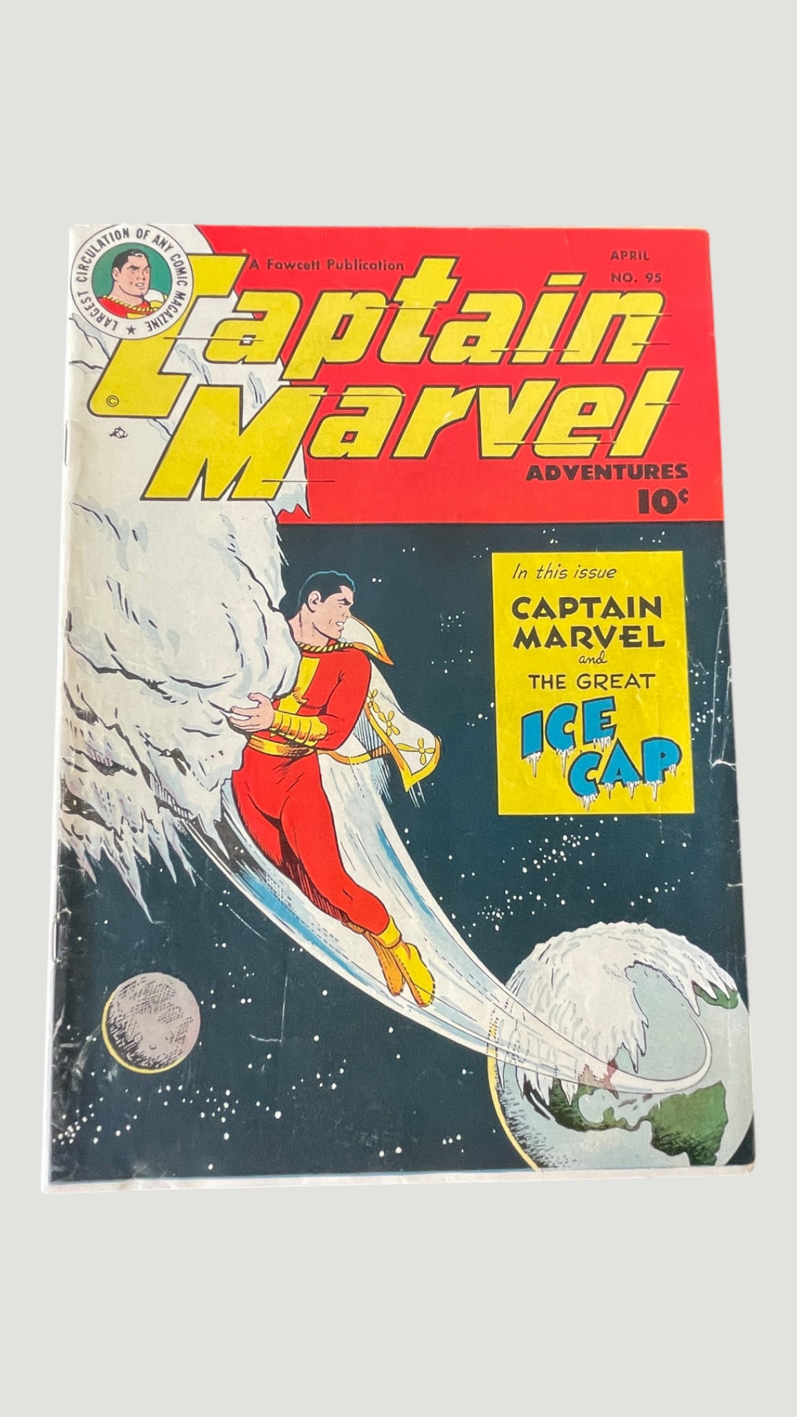 Captain Marvel Adventures #95, Fawcett Publications, April 1949: Captain Marvel Adventures #95, published by Fawcett Publications, dated April 1949, priced at 10 cents. This issue features the story 'Captain Marvel and the Great Ice Cap,' depicted on the cover with