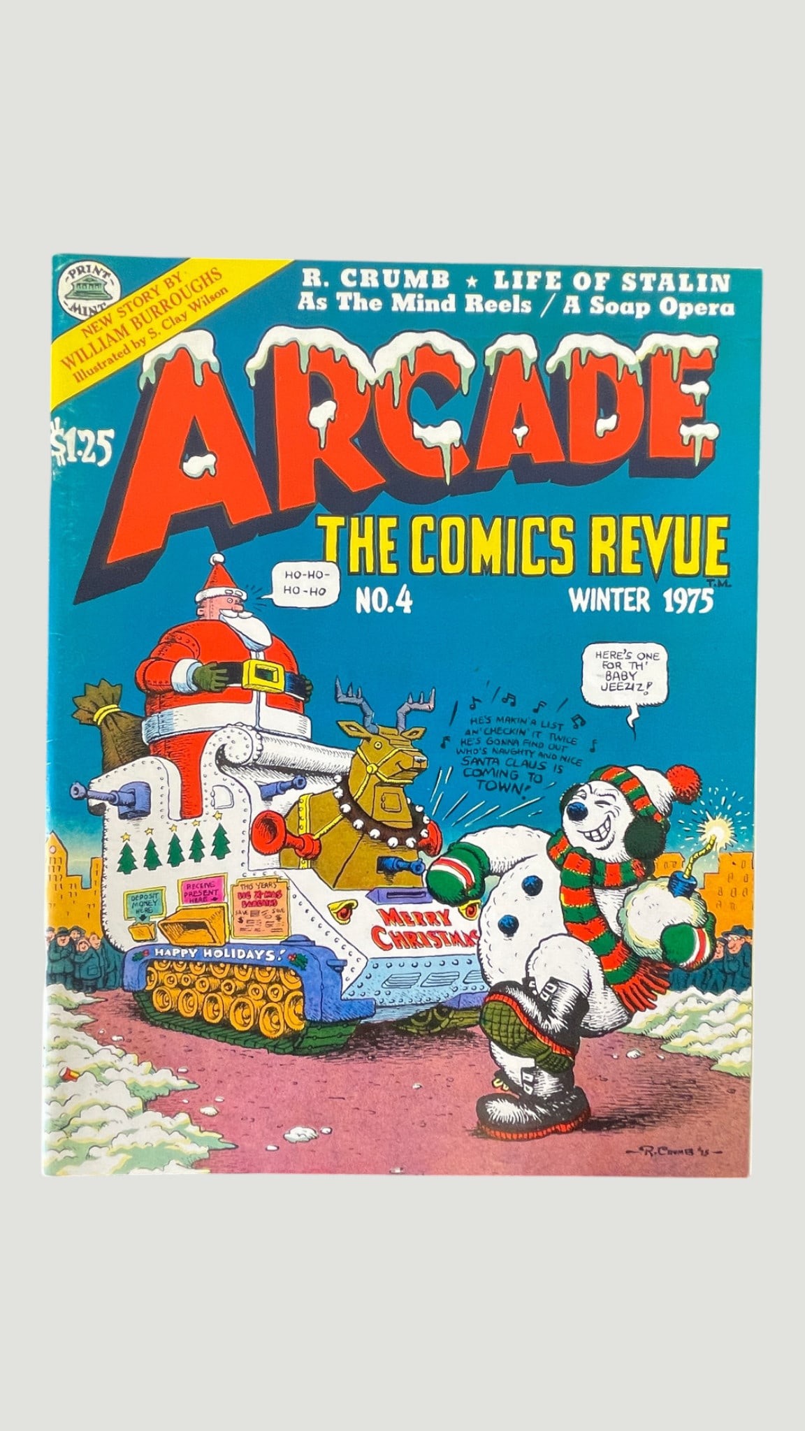 Arcade The Comics Revue No. 4, Winter 1975, R. Crumb Cover, Underground Comic: Arcade: The Comics Revue No. 4, Winter 1975, published by Print Mint, featuring a iconic holiday-themed cover illustration by R. Crumb depicting Santa Claus atop a military tank alongside a snowman ho