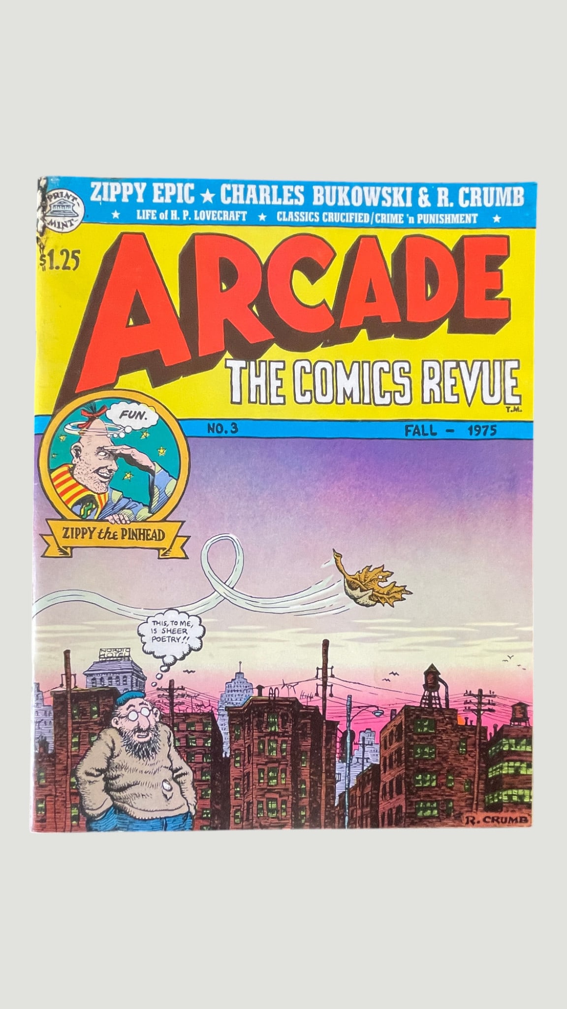 Arcade The Comics Revue No. 3, Fall 1975 – R. Crumb Cover, Underground Comic: Arcade: The Comics Revue No. 3, published Fall 1975 by Print Mint, priced at $1.25. This underground comix anthology features a cover illustration by R. Crumb depicting a city skyline at dusk, and inc