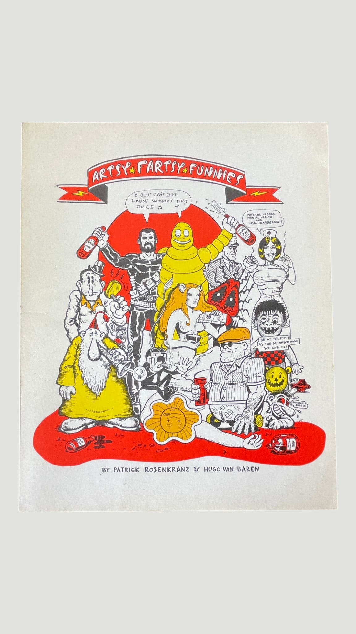 Artsy Fartsy Funnies Underground Comix by Patrick Rosenkranz & Hugo Van Baren: A copy of 'Artsy Fartsy Funnies,' an underground comix publication created by Patrick Rosenkranz and Hugo Van Baren, featuring bold two-color printing in red, yellow, and black. The cover showcases a 