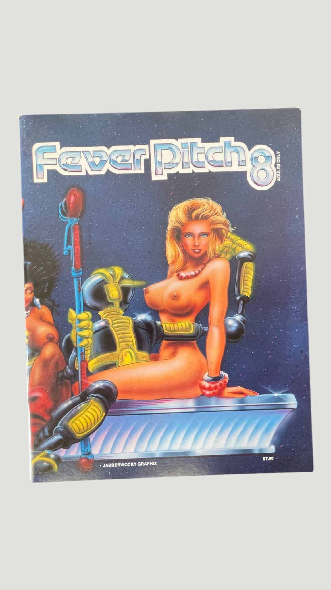 Fever Pitch #8 Adult Comic Magazine, Jabberwocky Graphix, 1980s: Fever Pitch #8 is an adults-only science fiction erotic comic anthology published by Jabberwocky Graphix, priced at $7.00 on the cover, indicating a likely mid-to-late 1980s publication date. The cove