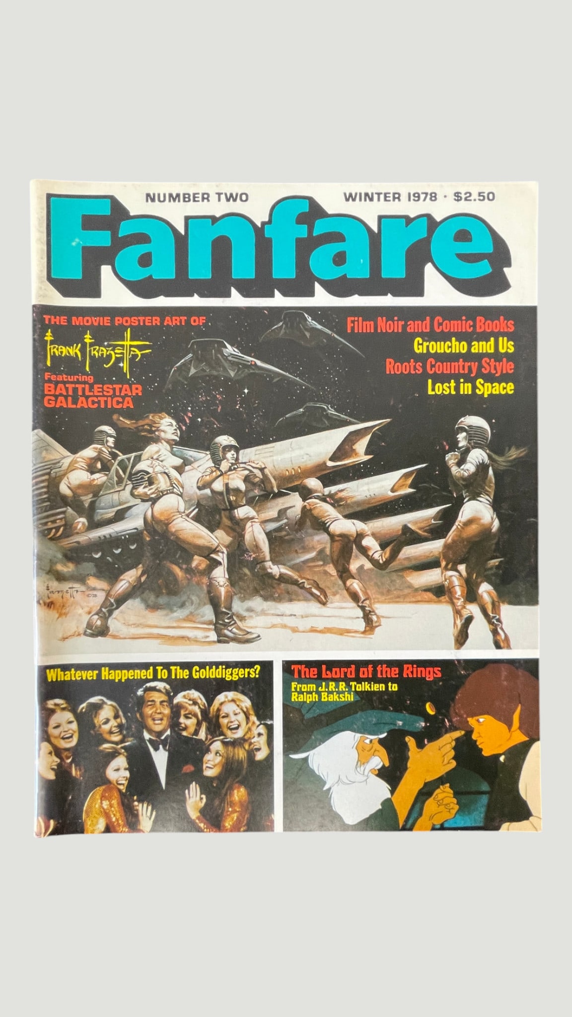 Fanfare Magazine #2 Winter 1978 Frank Frazetta Battlestar Galactica Cover: Fanfare Magazine Number Two, Winter 1978, priced at $2.50 on the cover. This entertainment and pop culture magazine features a striking Frank Frazetta painted cover illustration for Battlestar Galacti