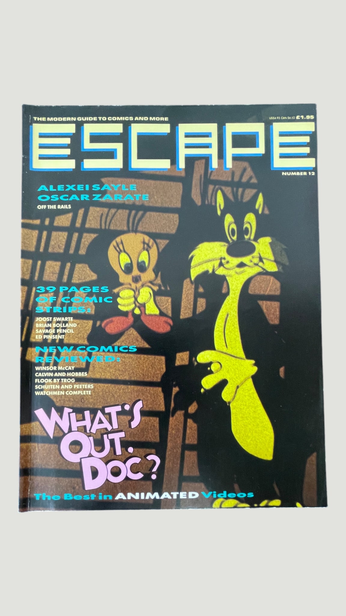 Escape Magazine #12 'The Modern Guide to Comics and More' UK Comics Journal: Escape Magazine Number 12, a British publication subtitled 'The Modern Guide to Comics and More,' priced at £1.85 on the cover. This issue features Looney Tunes characters Tweety Bird and Sylves