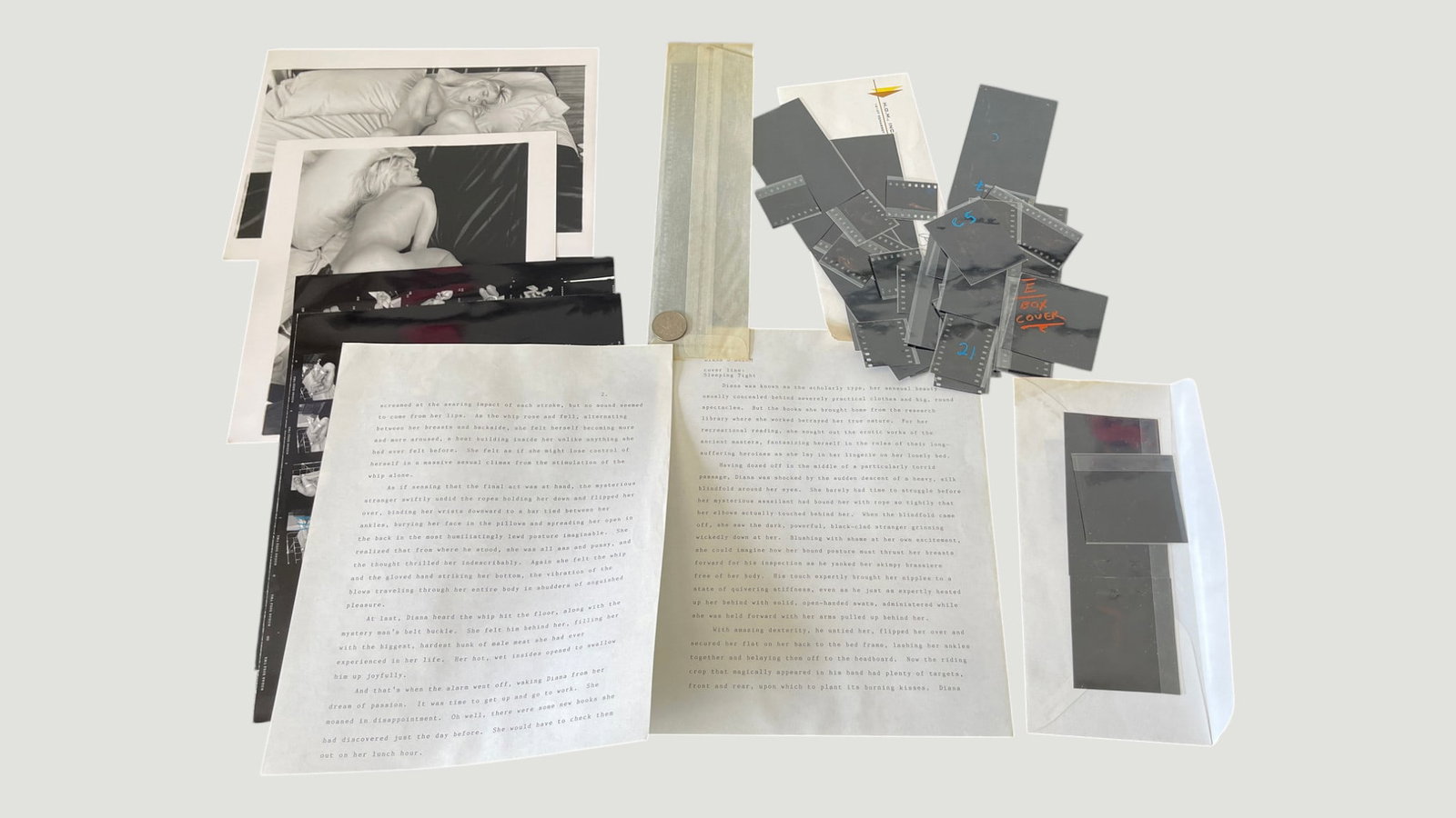 Vintage Adult Fiction Manuscript, B&W Photography Prints & Film Negatives Archive: A collection of materials appearing to relate to a vintage adult publishing project, comprising several black and white photographic prints depicting a female model, multiple strips and individual fra