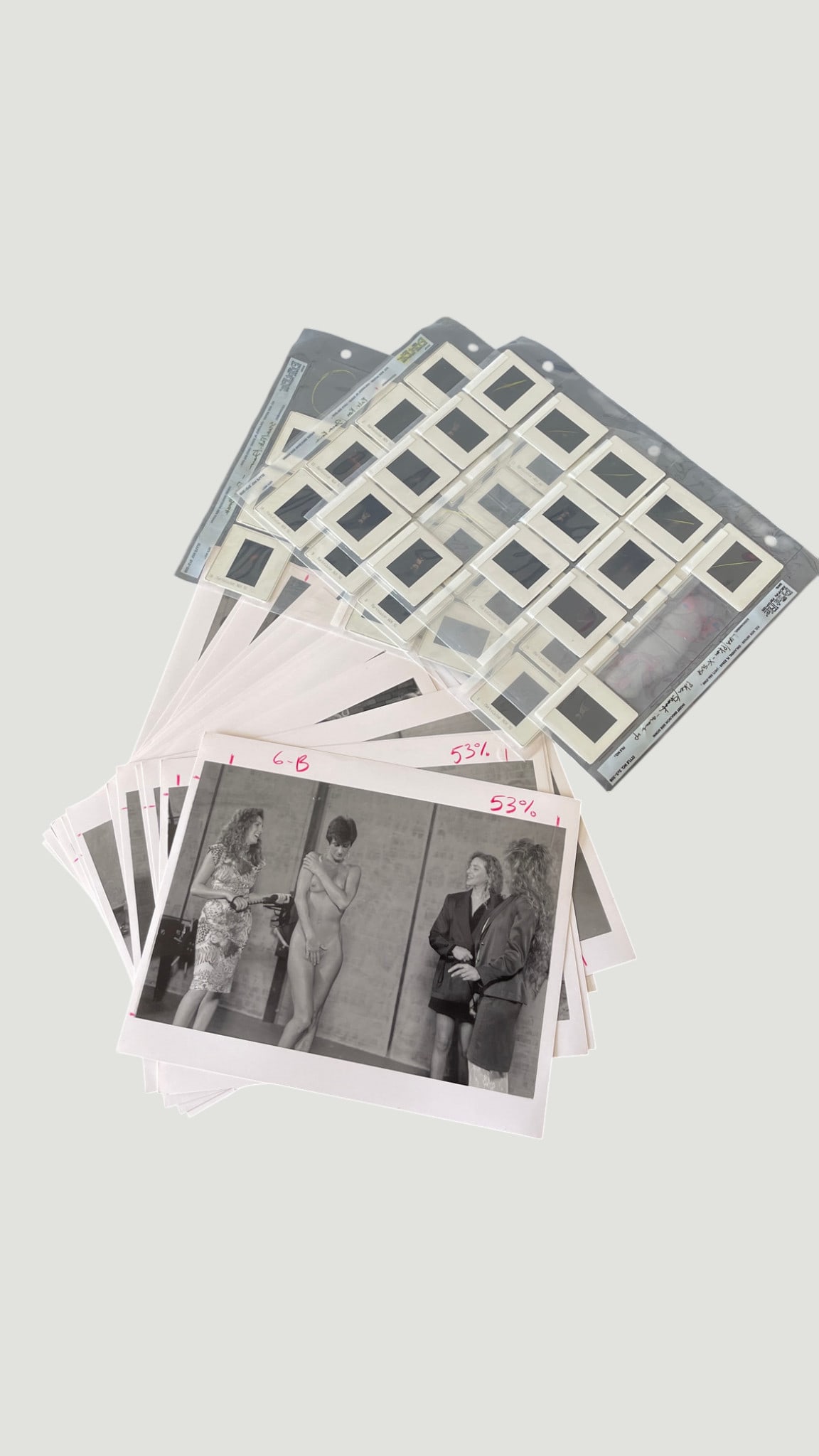 Vintage Fashion Photography Archive: B&W Proof Prints & 35mm Slides, c.1980s: A collection of vintage black-and-white photographic proof prints and 35mm colour transparency slides, apparently from a professional fashion or editorial photography shoot dating to the 1980s. The pr