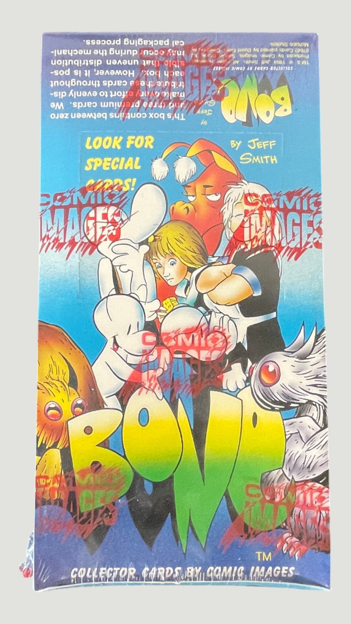 Bone Collector Cards Box by Comic Images (1994) — Jeff Smith, Factory Sealed: A factory sealed collector card box from the 'Bone' comic series by Jeff Smith, produced by Comic Images in 1994. The box contains packs of collector cards featuring artwork from the beloved independe