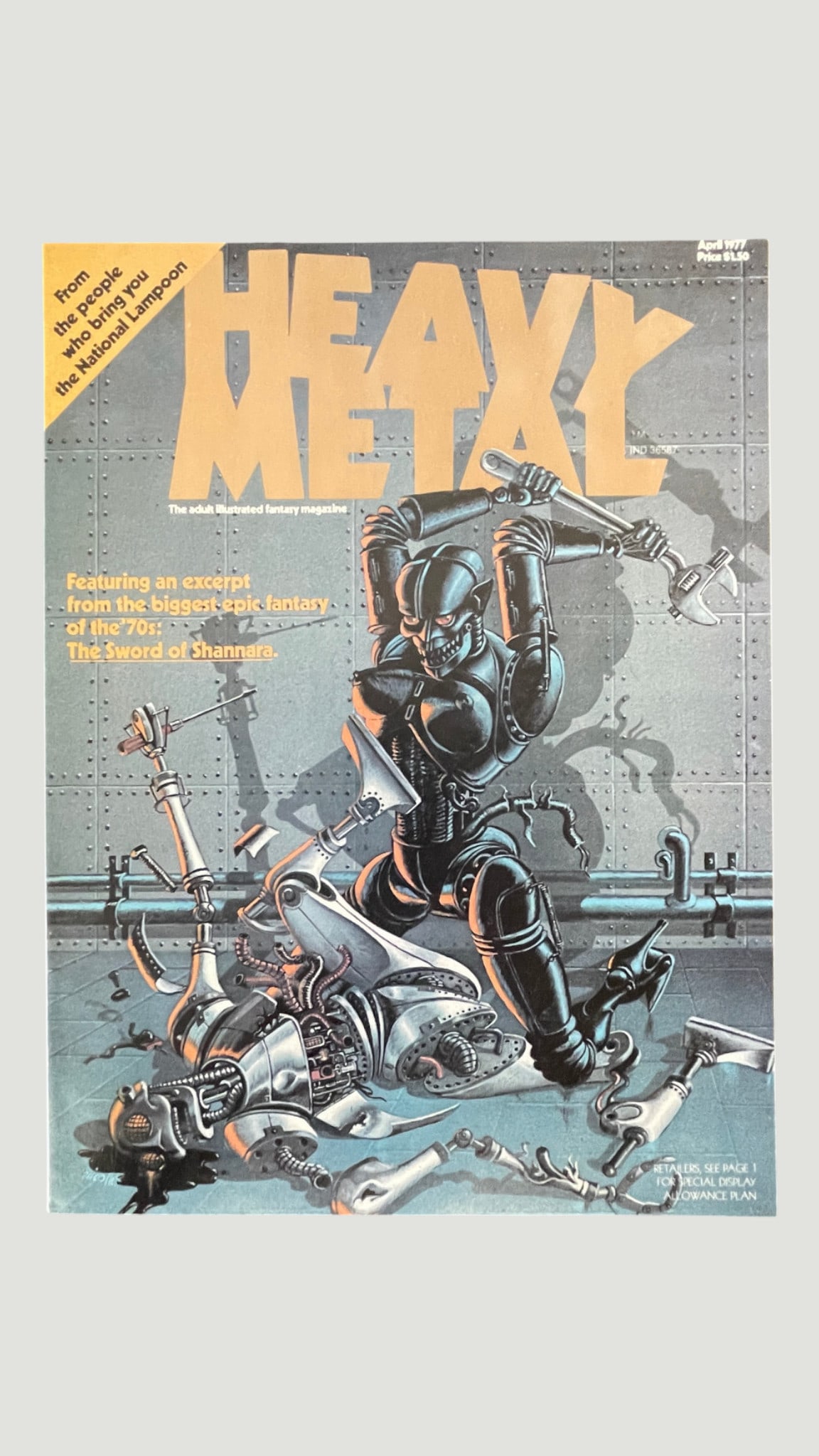 Heavy Metal Magazine Vol.1 No.1 Premiere Issue, April 1977, National Lampoon: The highly sought-after first issue of Heavy Metal Magazine, dated April 1977 and priced at $1.50 on the cover. Published by the National Lampoon organization, this landmark premiere issue of the adul