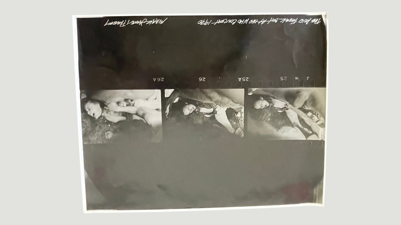 The Acid Freak Out - The Wild Concert 1970 Vintage Contact Sheet Print: A vintage black and white photographic contact sheet print from 1970, labeled 'The Acid Freak Out - The Wild Concert 1970' with photographer credit 'Marie-Anne 1 Present' handwritten in white ink. The