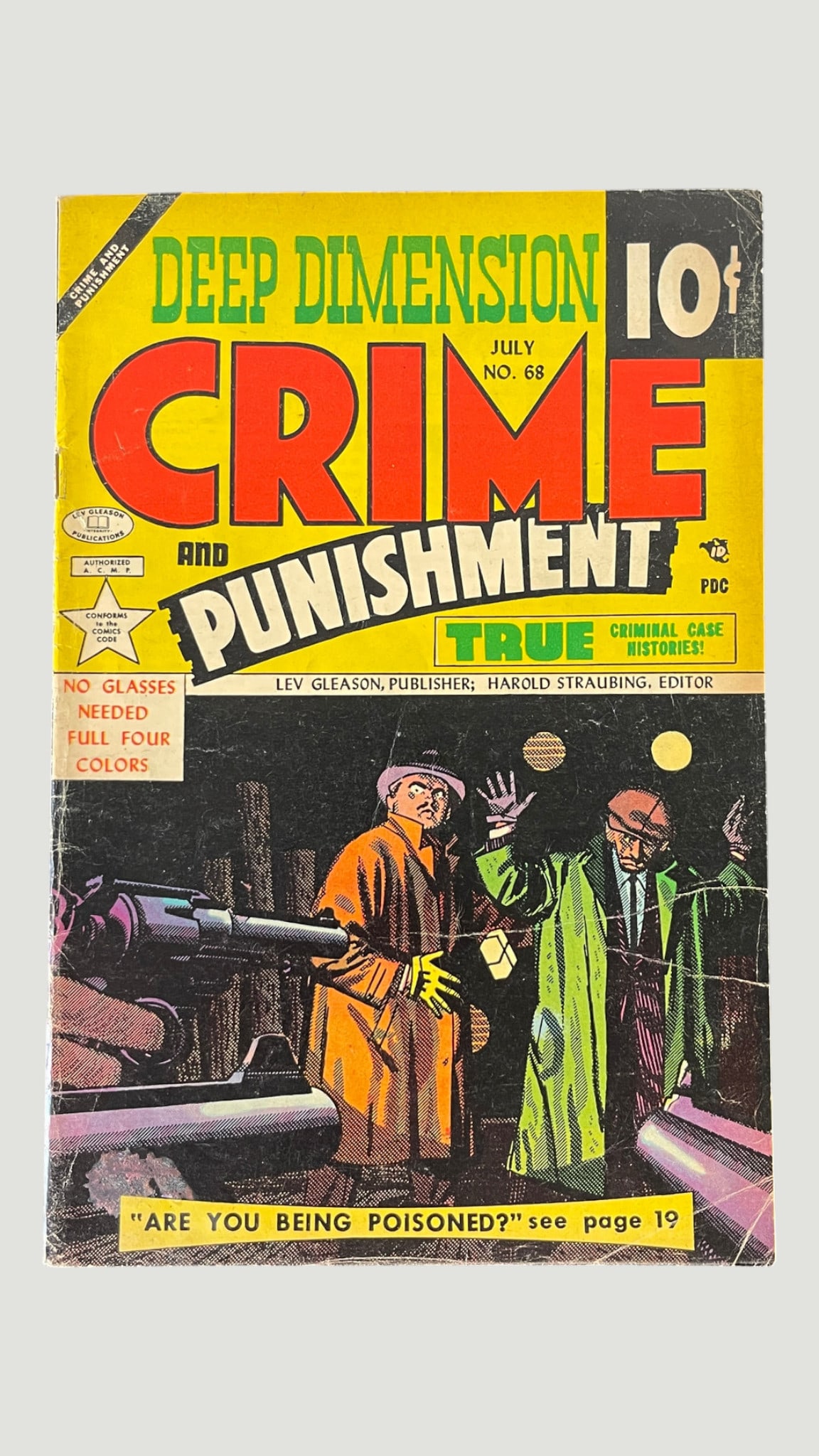 Crime and Punishment #68 'Deep Dimension' Lev Gleason Publications July 1955: Crime and Punishment #68, published by Lev Gleason Publications, July 1955, featuring the 'Deep Dimension' 3D-style cover concept with the tagline 'No Glasses Needed Full Four Colors.' Edited by Harol