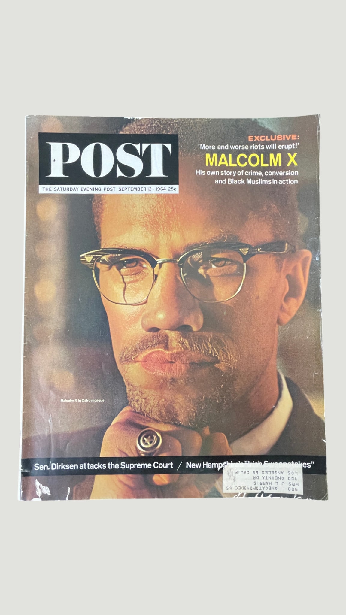 The Saturday Evening Post, September 12 1964 – Malcolm X Exclusive Cover: A historic issue of The Saturday Evening Post dated September 12, 1964, featuring an exclusive cover story on Malcolm X photographed at a Cairo mosque, with the headline 'More and worse riots will eru