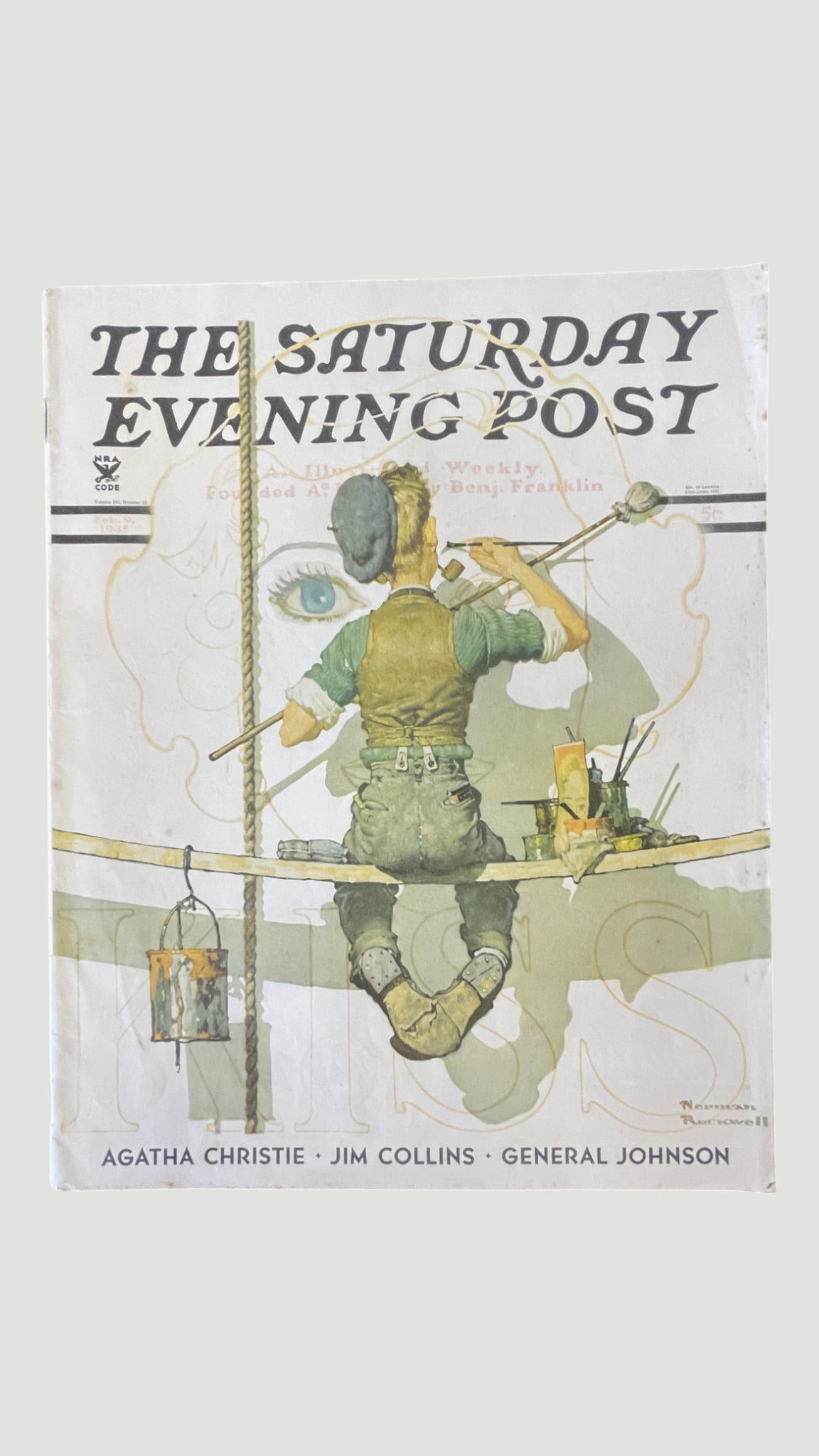 The Saturday Evening Post, Norman Rockwell Cover, Feb 1934 — Sign Painter: An original issue of The Saturday Evening Post dated February 1934, featuring the iconic Norman Rockwell cover illustration of a sign painter seated on a scaffold, painting a large female face adverti