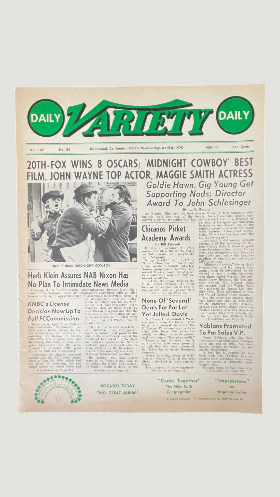Daily Variety Vol. 147 No. 24 — Midnight Cowboy Best Picture Oscar Coverage, April 8, 1970: A historic edition of Daily Variety dated Wednesday, April 8, 1970, reporting on the 42nd Academy Awards ceremony. The front page features the landmark headline announcing 'Midnight Cowboy' as Best Pi