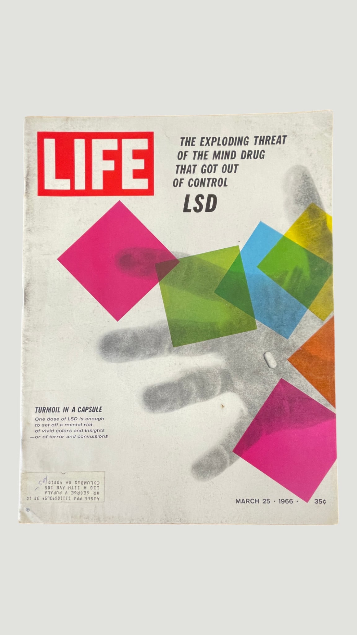 LIFE Magazine March 25, 1966 - LSD 'The Exploding Threat of the Mind Drug': A highly collectible issue of LIFE Magazine dated March 25, 1966, featuring the iconic cover story 'The Exploding Threat of the Mind Drug That Got Out of Control: LSD.' The cover features striking psy