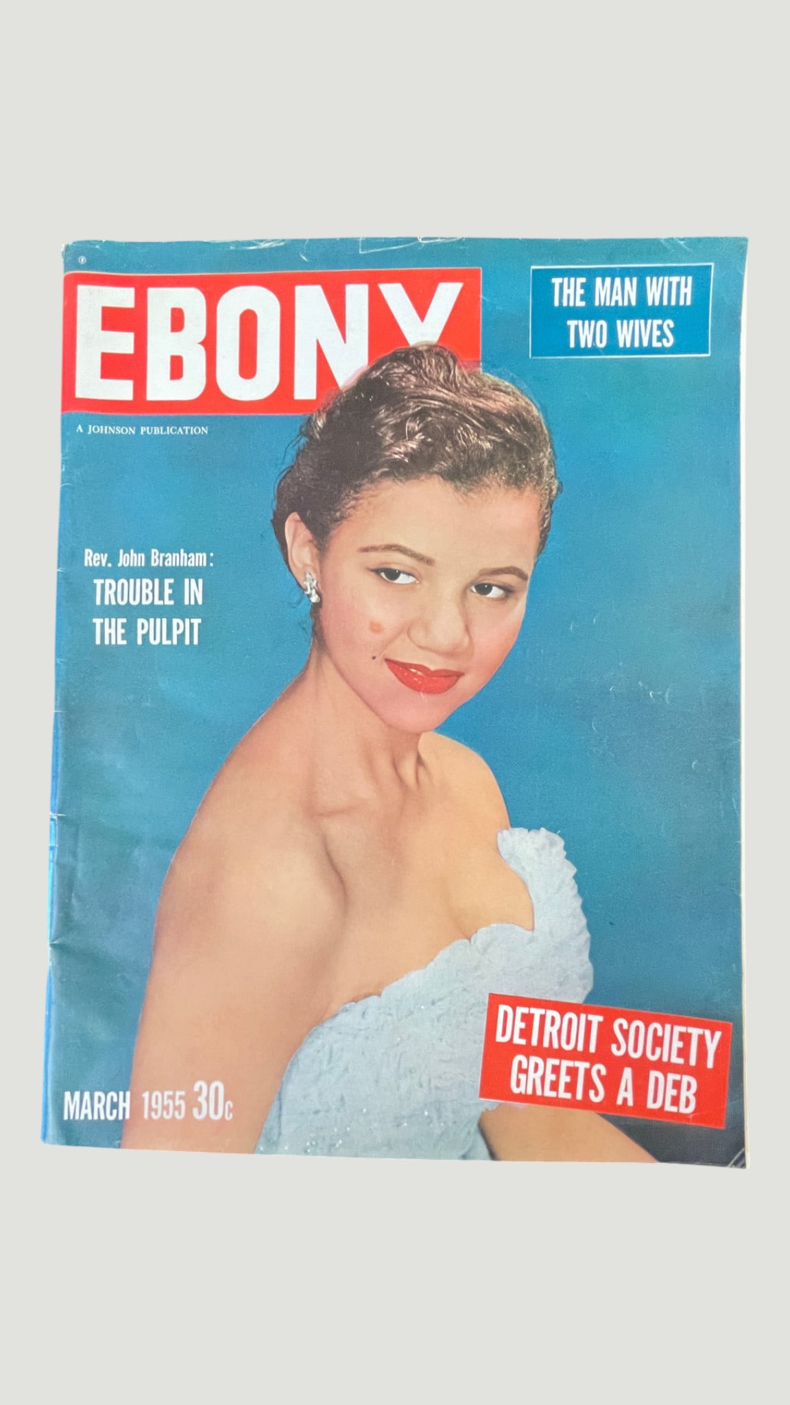 Ebony Magazine March 1955 — Detroit Society Deb Cover, Johnson Publication: A vintage issue of Ebony Magazine dated March 1955, published by Johnson Publishing Company and priced originally at 30 cents. The cover features a glamorous young woman associated with the 'Detroit S