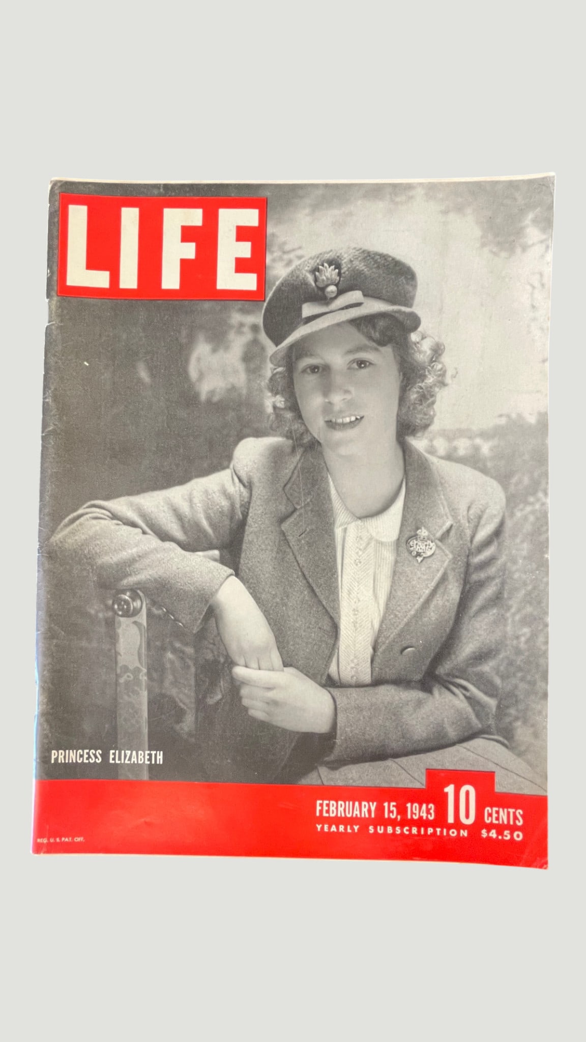 LIFE Magazine February 15, 1943 — Princess Elizabeth Cover Issue: A vintage issue of LIFE Magazine dated February 15, 1943, featuring a striking black-and-white portrait photograph of Princess Elizabeth (later Queen Elizabeth II) on the cover, shown as a young woman