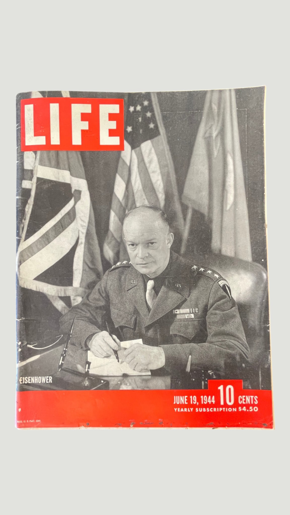 LIFE Magazine June 19, 1944 — General Eisenhower Cover, WWII D-Day Era: A highly collectible issue of LIFE Magazine dated June 19, 1944, featuring General Dwight D. Eisenhower on the cover, published just days after the historic D-Day landings on June 6, 1944. The cover p