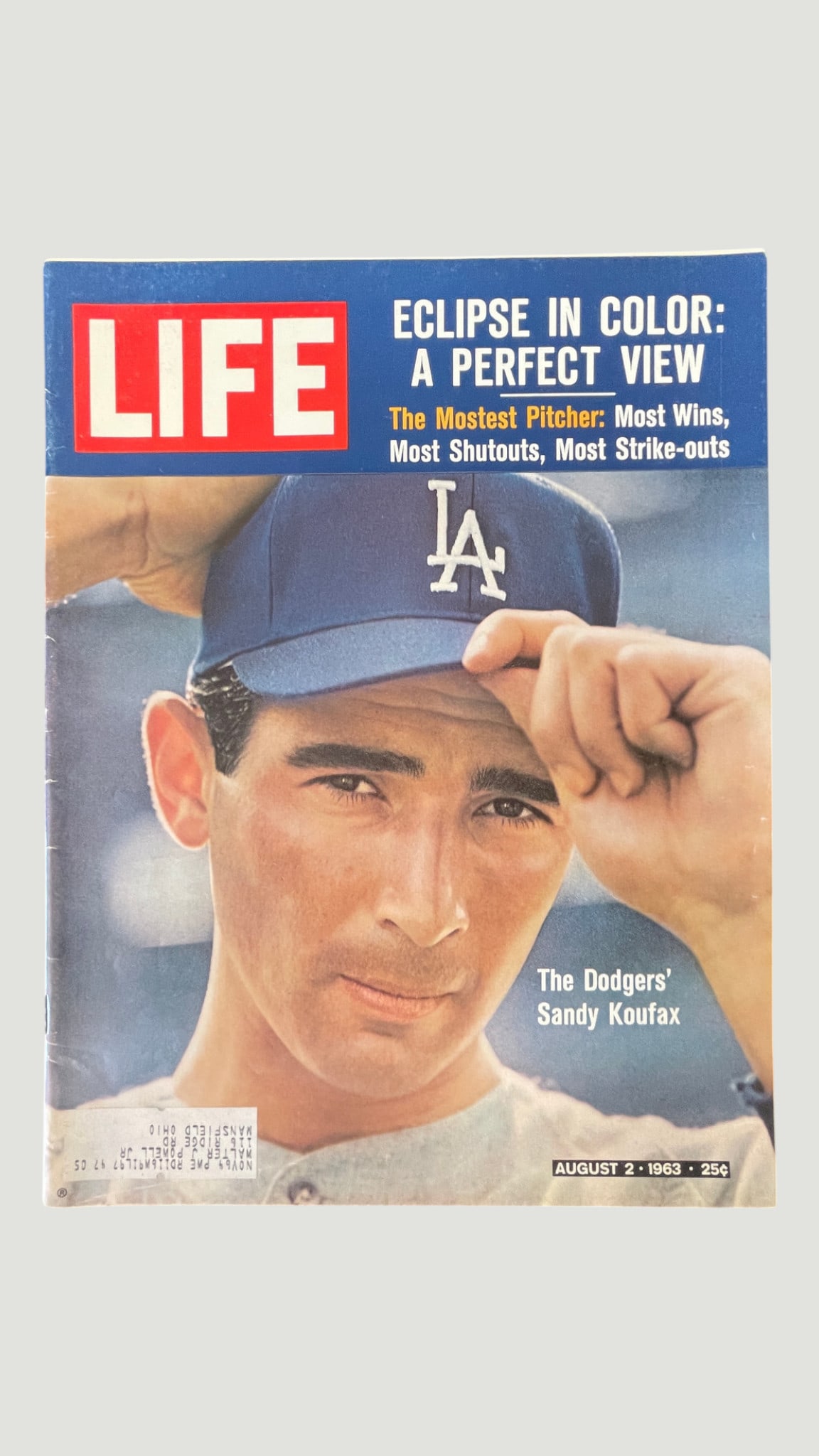 LIFE Magazine August 2, 1963 – Sandy Koufax Cover, Los Angeles Dodgers: A vintage issue of LIFE Magazine dated August 2, 1963, featuring a striking close-up cover portrait of Los Angeles Dodgers legendary pitcher Sandy Koufax, identified by the on-cover caption 'The Dodge