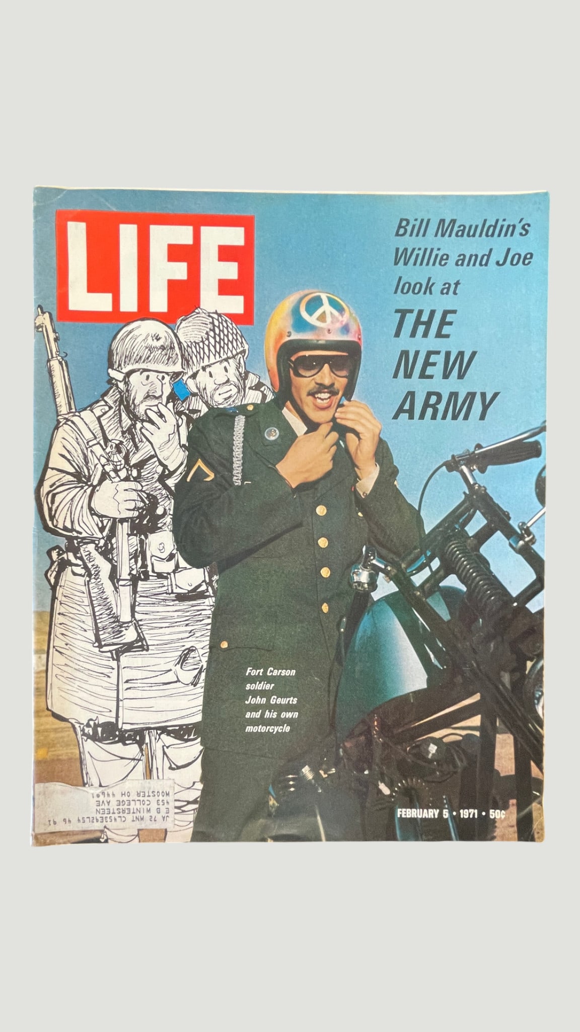 LIFE Magazine February 5, 1971 — 'The New Army' Cover, Bill Mauldin's Willie and Joe: A February 5, 1971 issue of LIFE Magazine featuring a striking cover story on 'The New Army,' with Fort Carson soldier John Geurts posed in uniform beside his motorcycle wearing a peace-symbol helmet.