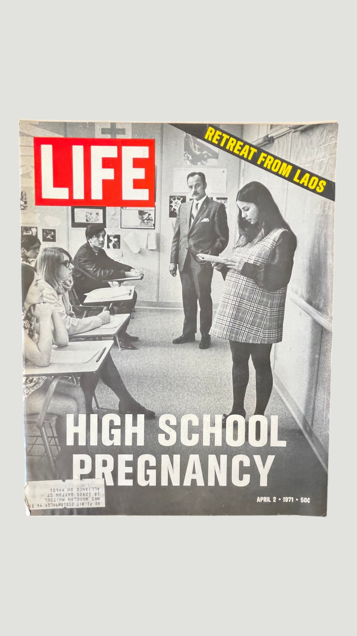 LIFE Magazine April 2, 1971 — High School Pregnancy / Retreat From Laos: An original issue of LIFE Magazine dated April 2, 1971, priced at 50 cents on the cover. The cover features a striking black-and-white photograph accompanying the headline story 'High School Pregnancy