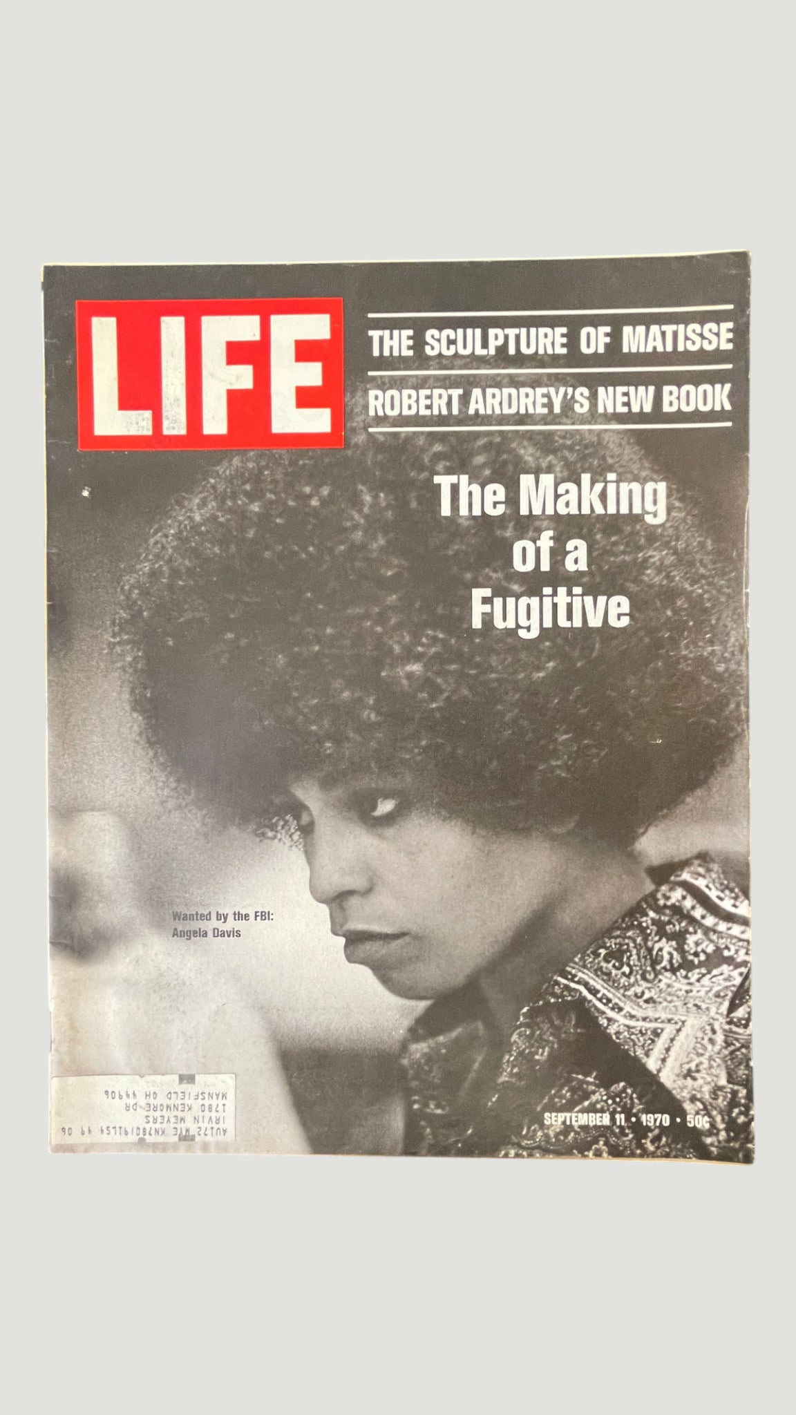 LIFE Magazine September 11, 1970 – Angela Davis 'Making of a Fugitive' Cover: A September 11, 1970 issue of LIFE Magazine featuring the iconic cover story 'The Making of a Fugitive' with a striking black-and-white portrait of Angela Davis, captioned 'Wanted by the FBI: Angela D
