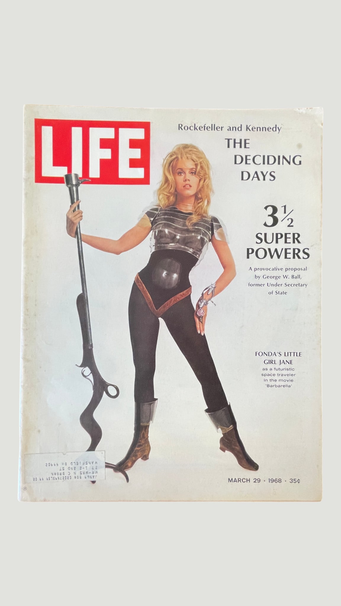 LIFE Magazine March 29, 1968 — Jane Fonda 'Barbarella' Cover Issue: A March 29, 1968 issue of LIFE Magazine featuring Jane Fonda on the cover in costume as the titular character from the science-fiction film 'Barbarella' (1968), directed by Roger Vadim. The cover refe