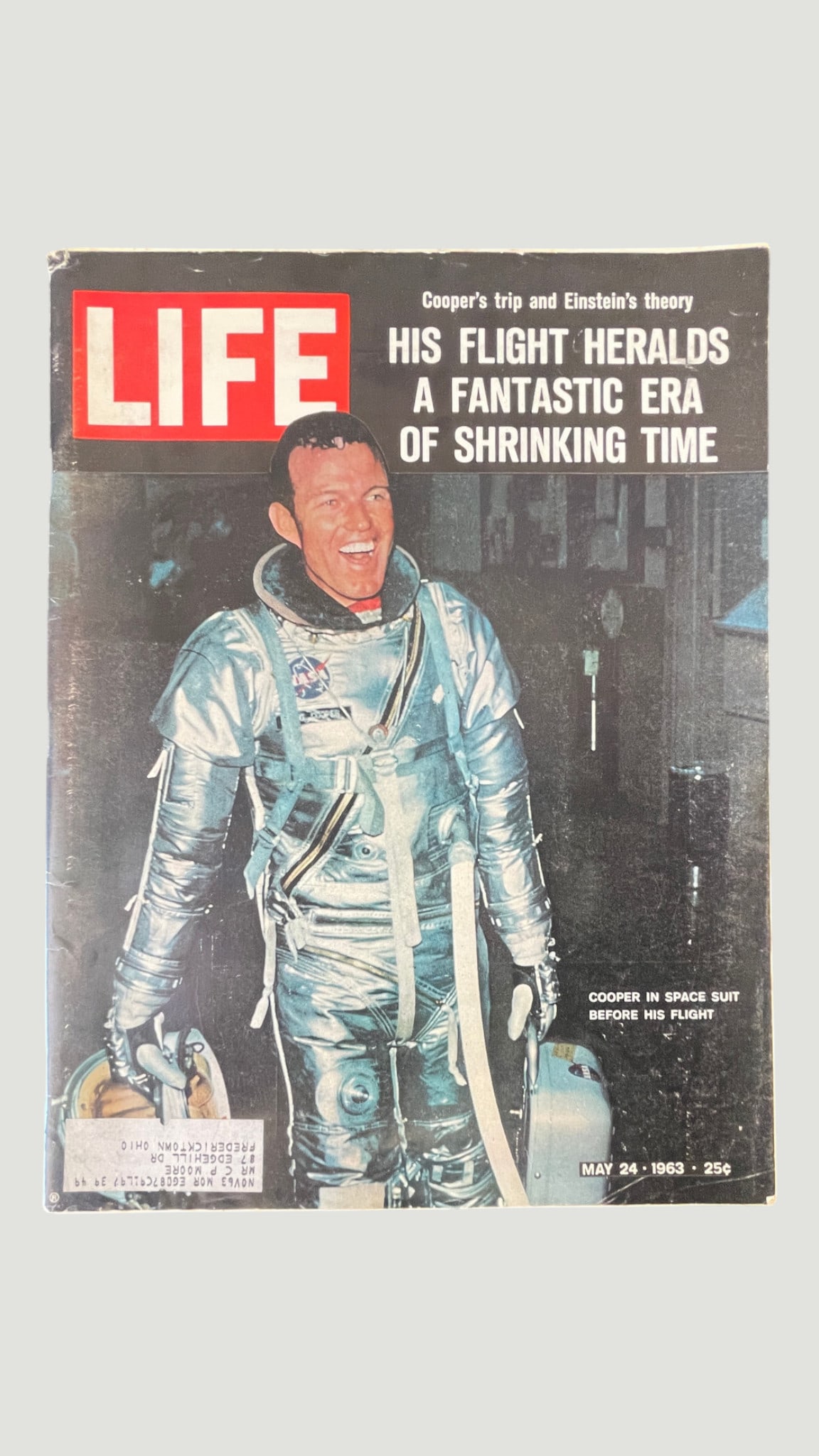 LIFE Magazine May 24, 1963 — Gordon Cooper Mercury Space Flight NASA Cover: A vintage issue of LIFE Magazine dated May 24, 1963, featuring astronaut Gordon Cooper on the cover in his Mercury space suit prior to his historic Faith 7 mission, the final flight of NASA's Mercury 