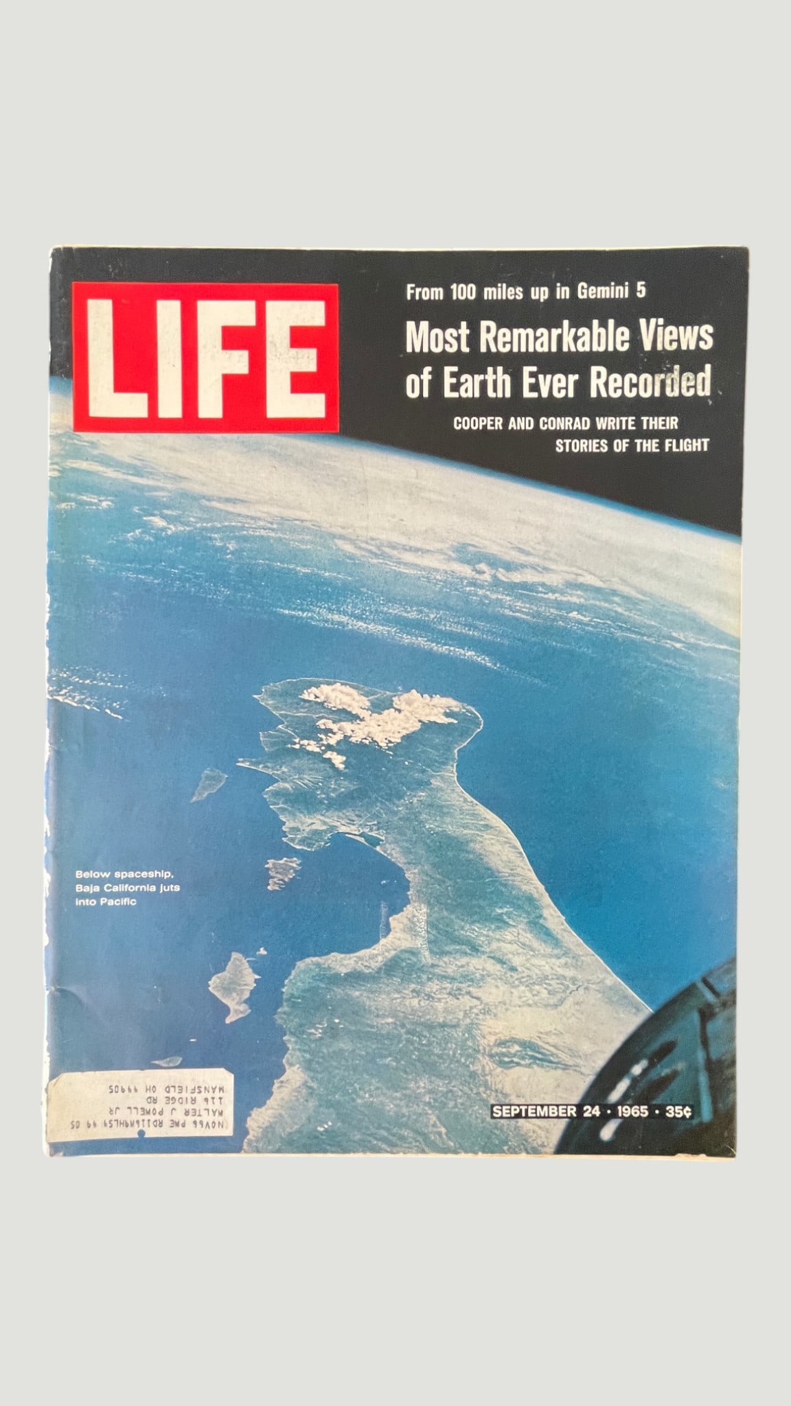LIFE Magazine September 24, 1965 – Gemini 5 Space Views, Cooper & Conrad: A copy of LIFE Magazine dated September 24, 1965, priced at 35 cents, featuring a striking cover photograph taken from 100 miles up aboard NASA's Gemini 5 spacecraft showing Baja California jutting in