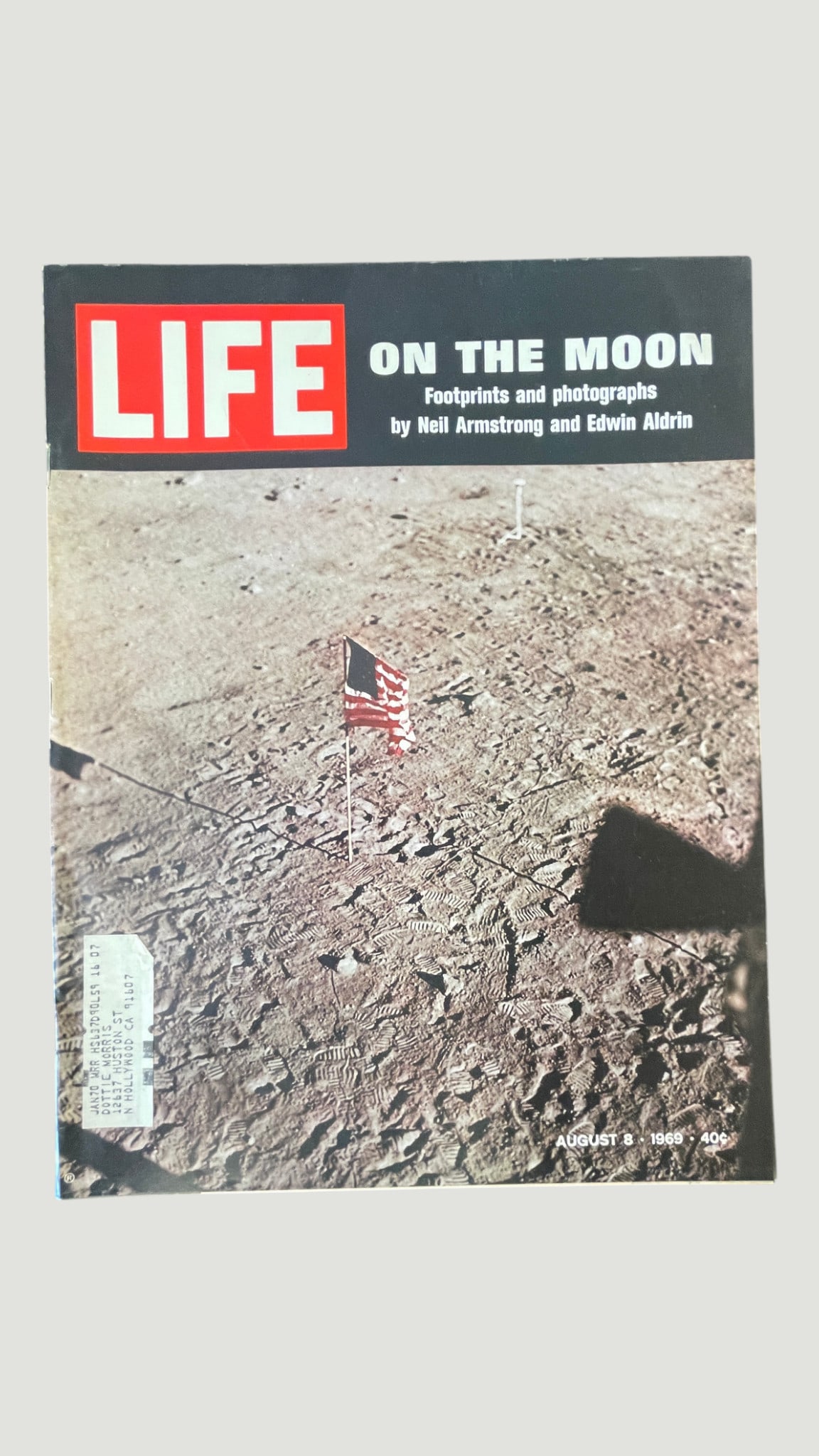 LIFE Magazine 'On The Moon' August 8, 1969 — Apollo 11 Moon Landing Issue: A historic issue of LIFE Magazine dated August 8, 1969, featuring the iconic Apollo 11 moon landing coverage with the headline 'On The Moon: Footprints and Photographs by Neil Armstrong and Edwin Aldr