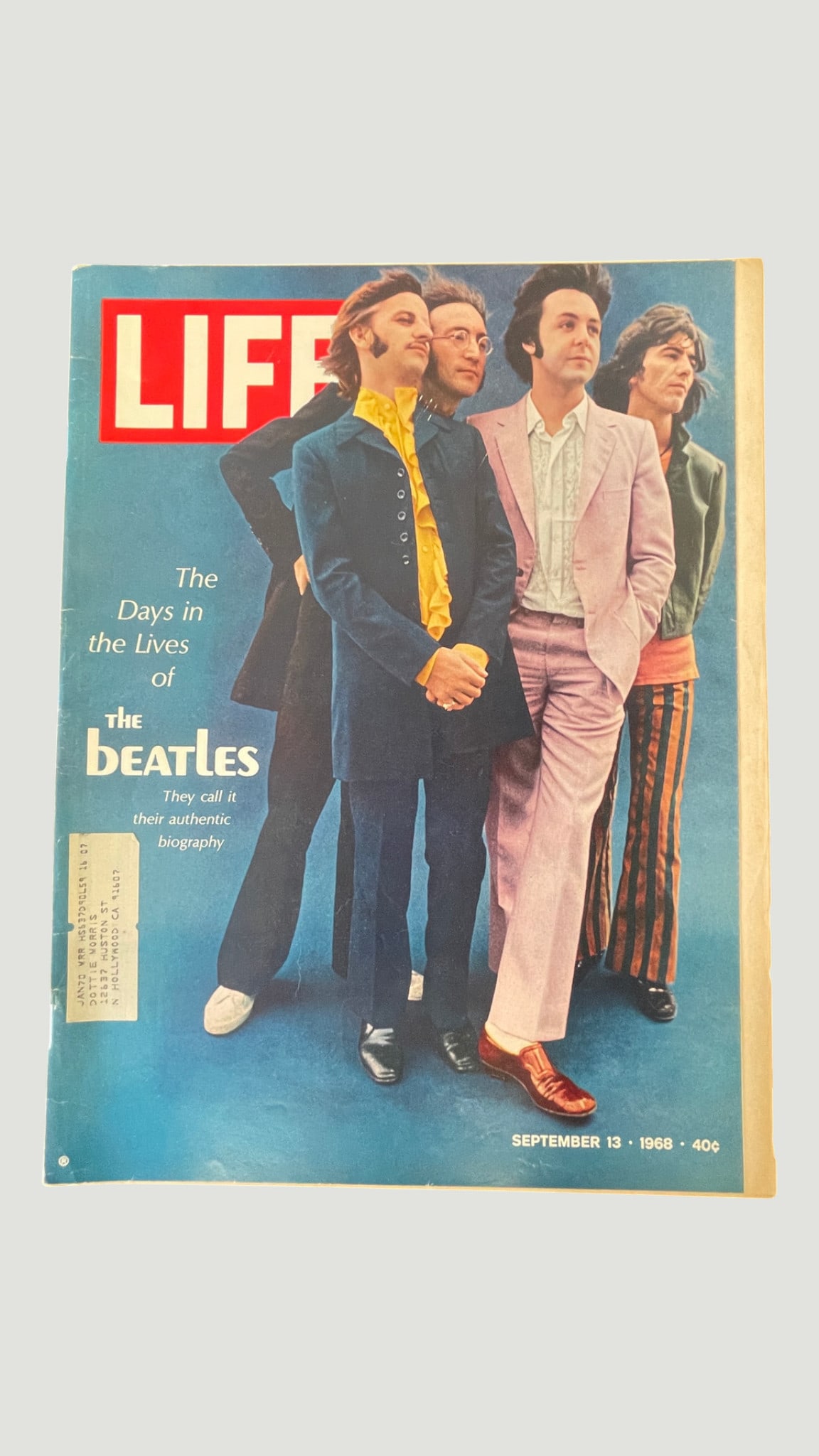 LIFE Magazine September 13, 1968 – The Beatles Authentic Biography Cover: A September 13, 1968 issue of LIFE Magazine featuring The Beatles on the cover, photographed in their late-1960s psychedelic era attire against a teal blue background. The cover story is titled 'The D