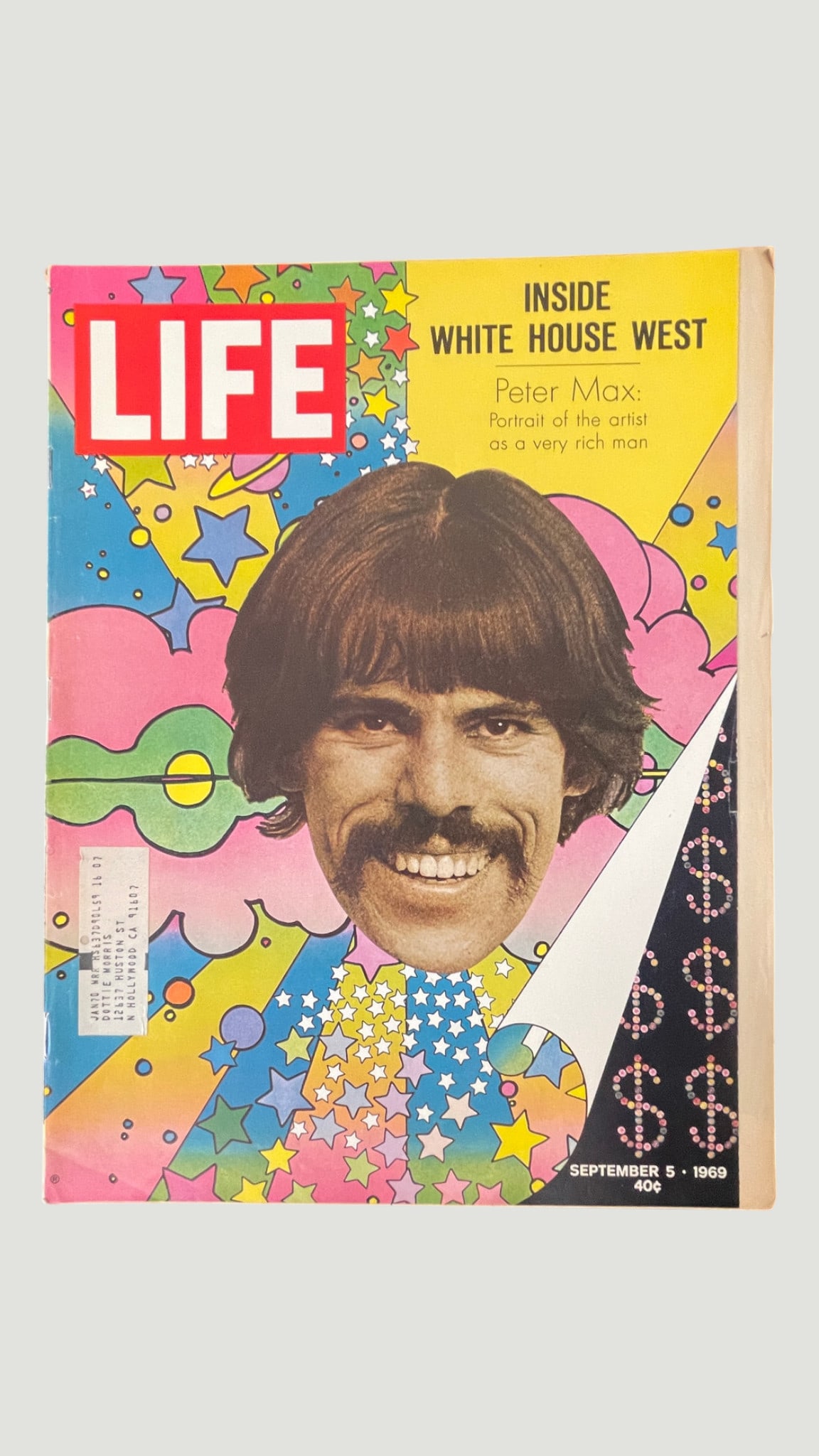 LIFE Magazine September 5, 1969 — Peter Max Cover Art, White House West: A September 5, 1969 issue of LIFE Magazine, priced originally at 40 cents, featuring a striking psychedelic cover artwork by pop artist Peter Max, with a portrait photograph of Max himself set against
