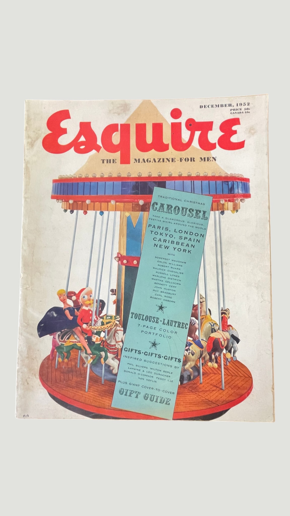 Esquire Magazine December 1952 - Christmas Carousel Cover, Toulouse-Lautrec Portfolio: A December 1952 issue of Esquire: The Magazine for Men, priced at 50 cents (55 cents in Canada). The festive cover features a colorful traditional Christmas carousel illustration, with a wraparound ba