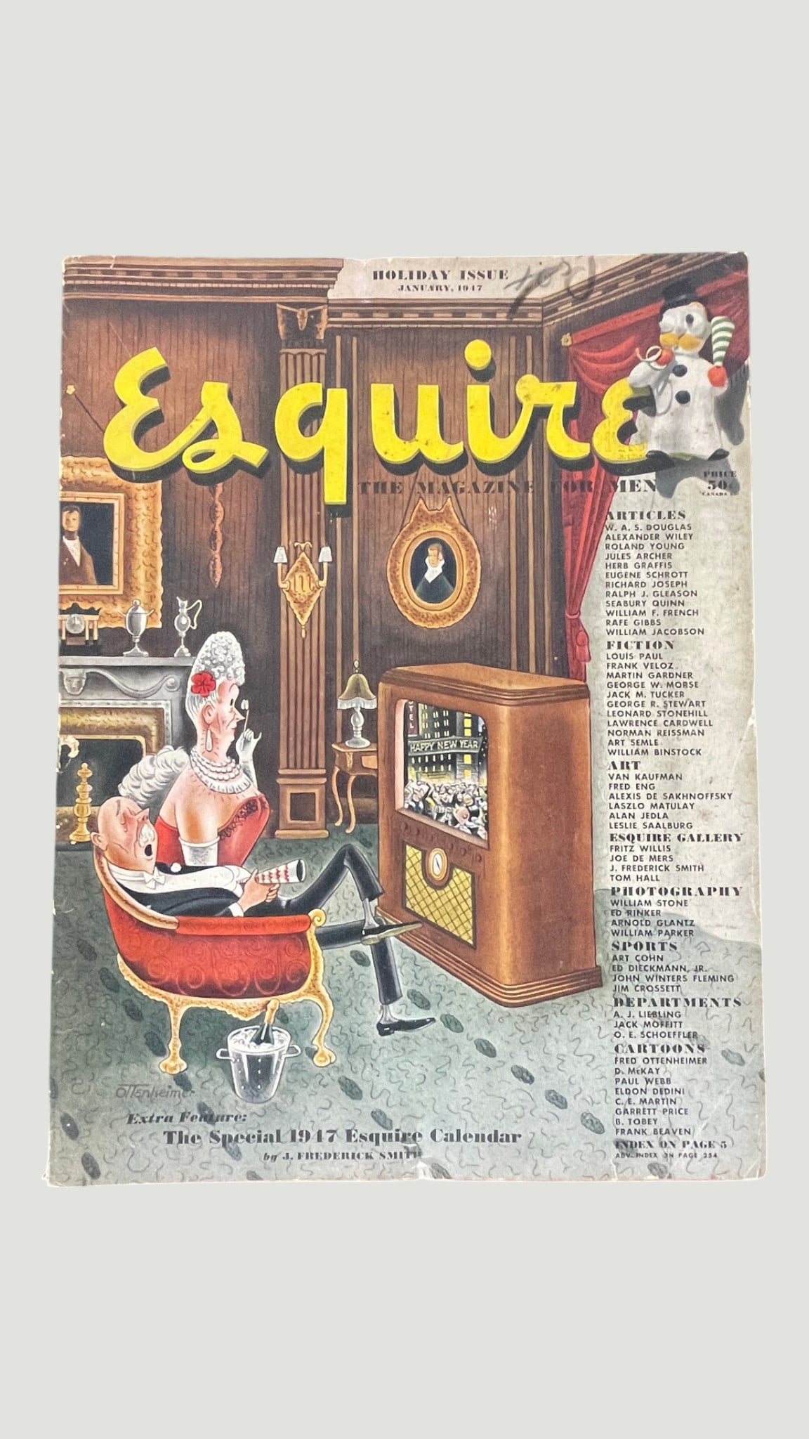 Esquire Magazine Holiday Issue January 1947 - The Magazine for Men: A vintage copy of Esquire: The Magazine for Men, Holiday Issue dated January 1947, priced at 50 cents. The cover features a humorous illustrated cartoon by Ottenheimer depicting an elegantly dressed c