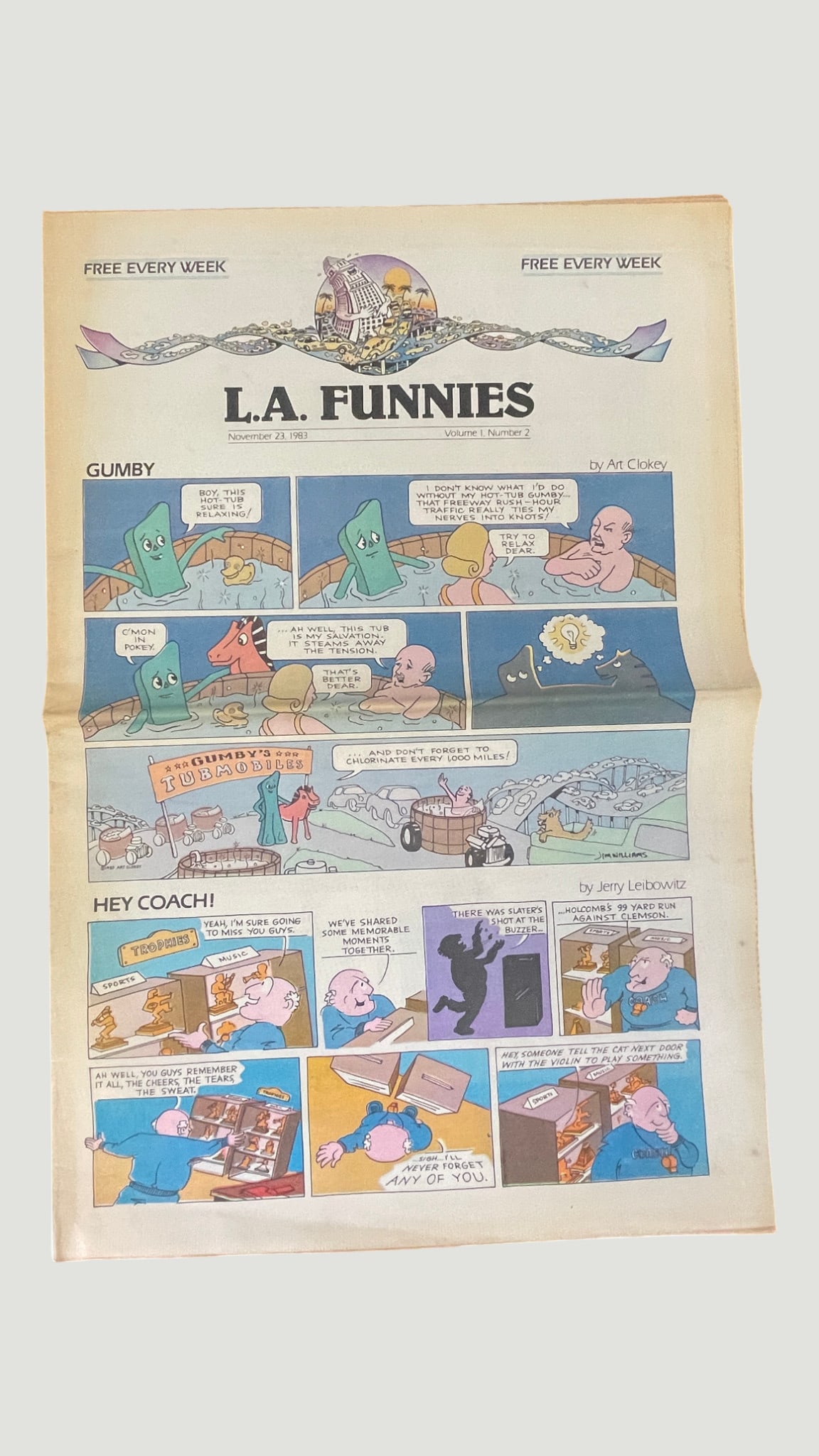 L.A. Funnies Vol. 1 No. 2, Nov. 23 1983 — Gumby by Art Clokey, Free Weekly Comics: L.A. Funnies, Volume 1, Number 2, dated November 23, 1983, is a rare early issue of this Los Angeles free weekly comics publication. The front page features a full-color Gumby comic strip by the chara