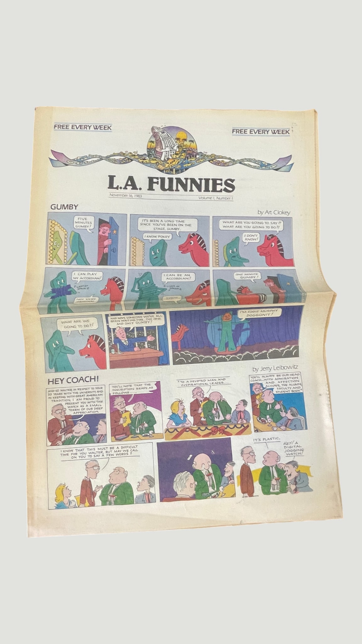 L.A. Funnies Vol.1 No.1 Nov 16 1983 Gumby by Art Clokey Debut Issue: L.A. Funnies Volume 1, Number 1, dated November 16, 1983, a free weekly comic newspaper supplement featuring the debut issue of this Los Angeles-based publication. The front page showcases a full-colo