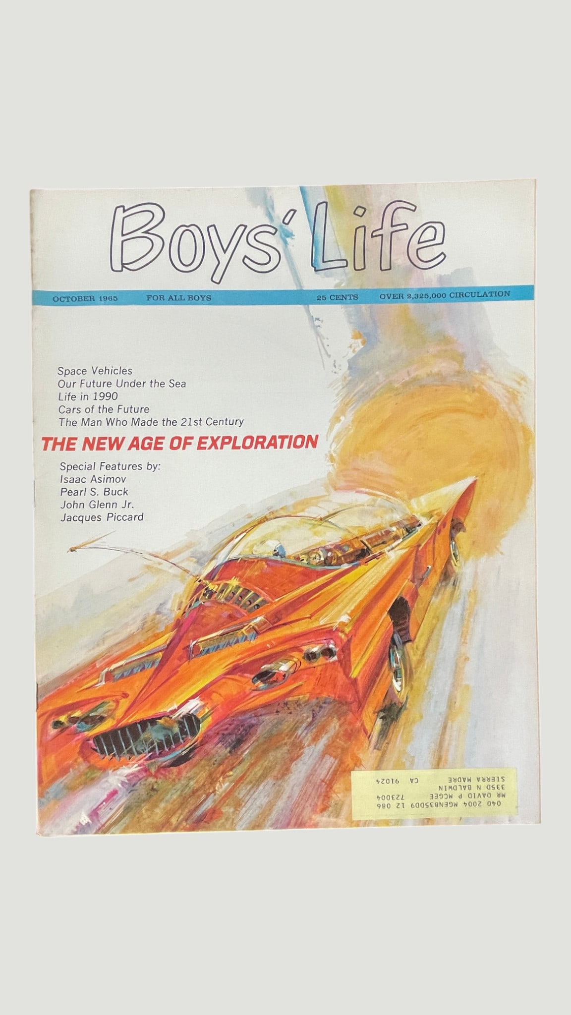 Boys' Life Magazine October 1965 'The New Age of Exploration' Isaac Asimov: A copy of Boys' Life magazine dated October 1965, published by the Boy Scouts of America, featuring a themed issue titled 'The New Age of Exploration.' The cover showcases a vibrant painted illustrati