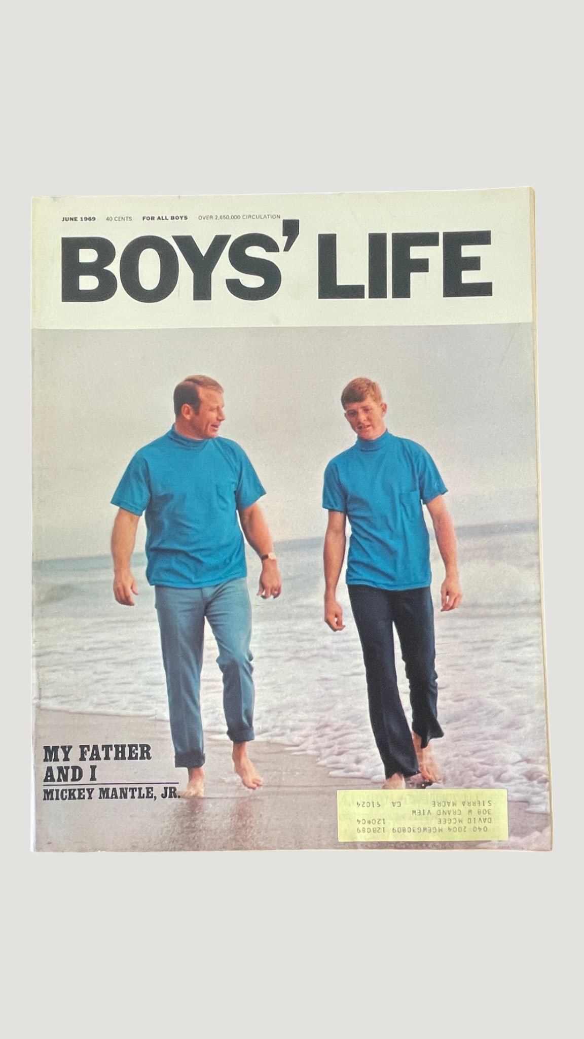 Boys' Life Magazine June 1969 - Mickey Mantle Jr. 'My Father and I' Cover: A June 1969 issue of Boys' Life magazine, the official publication of the Boy Scouts of America, featuring a notable cover story titled 'My Father and I' by Mickey Mantle Jr. The cover photograph depi