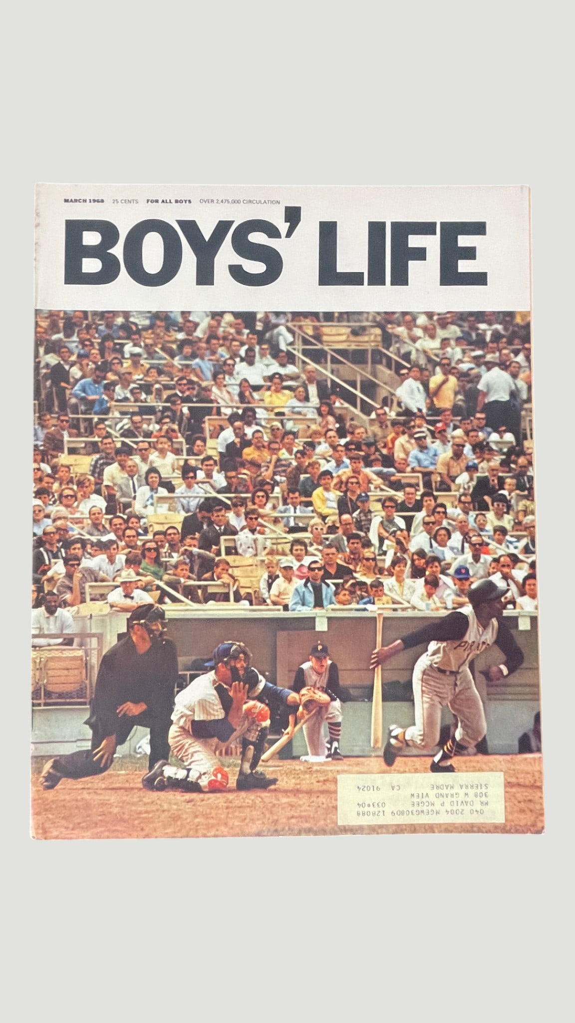 Boys' Life Magazine March 1968 - Baseball Cover, Pittsburgh Pirates: A March 1968 issue of Boys' Life magazine, the official publication of the Boy Scouts of America, priced at 25 cents and boasting a circulation of over 2,475,000 copies. The cover features a striking 