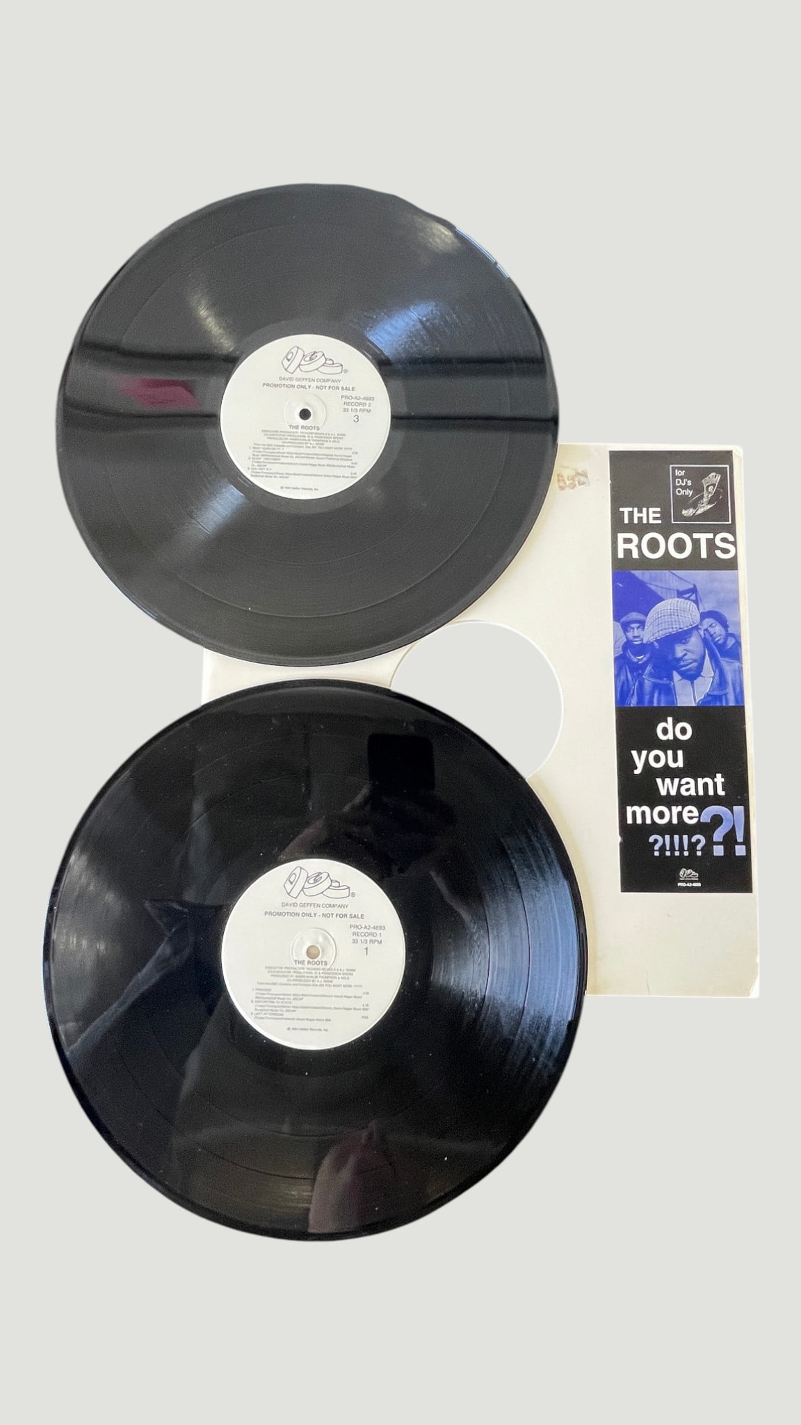 The Roots 'Do You Want More?!!!??!' Promo 2xLP Vinyl, DGC Records 1994: A promotional double LP vinyl pressing of The Roots' landmark debut major-label album 'Do You Want More?!!!??!' released on DGC (David Geffen Company) Records in 1994, catalogue number PRO-A-4693. Mar