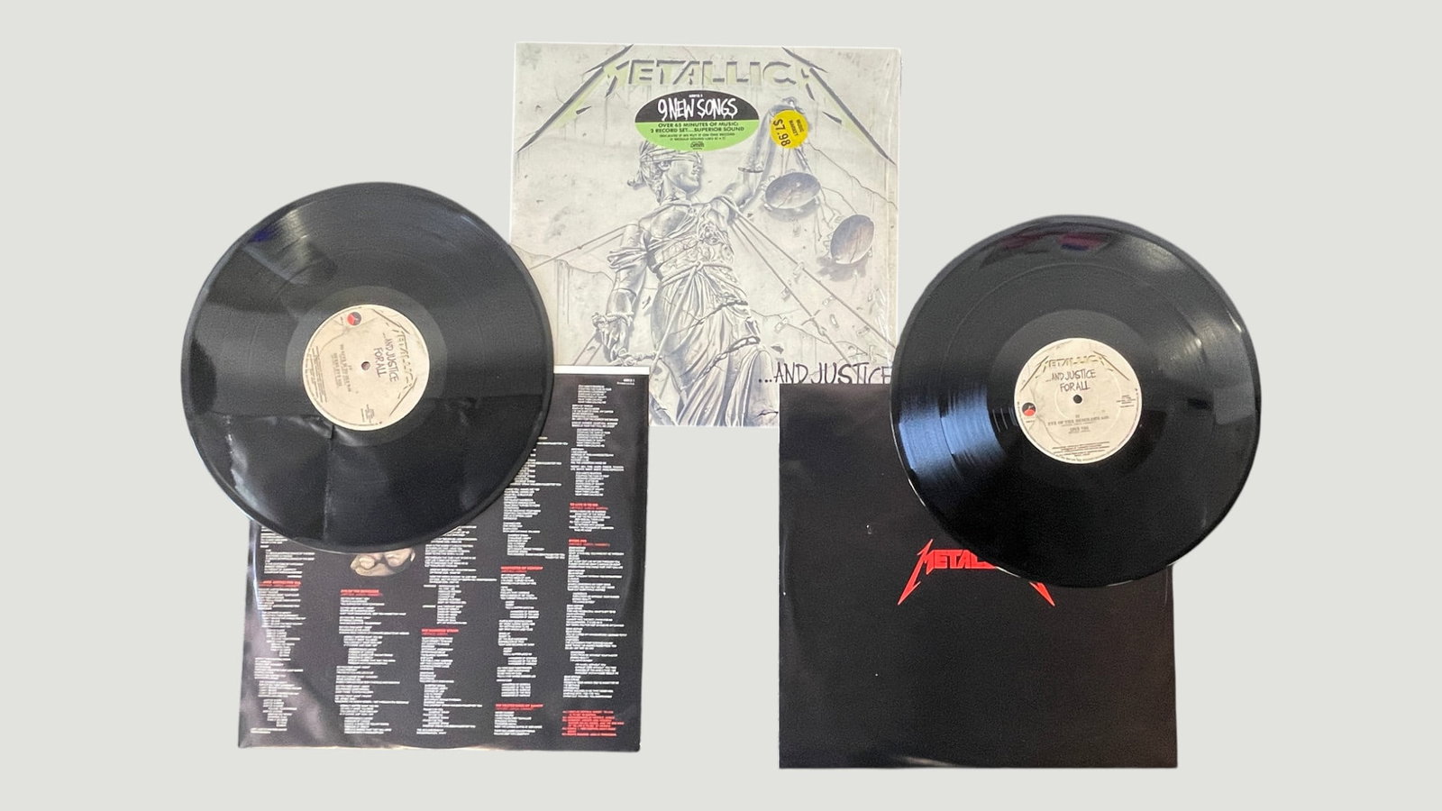 Metallica '...And Justice For All' Original 1988 Double Vinyl LP 2-Record Set: Metallica's landmark fourth studio album '...And Justice For All,' released in 1988 on Elektra Records, presented here as the original double vinyl LP 2-record set. The set includes both vinyl records