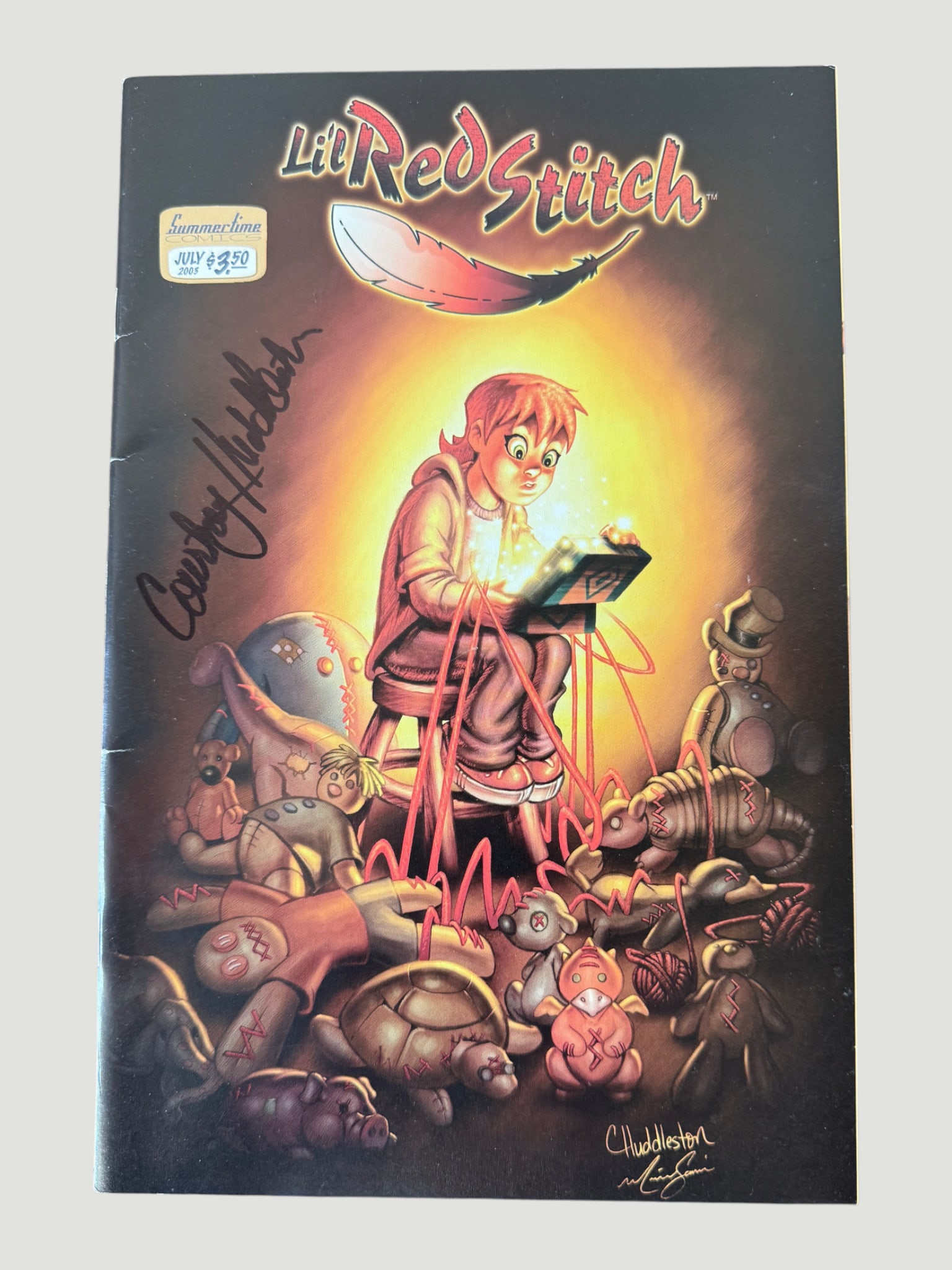 Lil Red Stitch #1 Summertime Comics July 2008 Signed by Huddleston: Lil Red Stitch #1, published by Summertime Comics, July 2008, priced at $3.50 on the cover sticker. This indie comic features a young protagonist surrounded by stitched toy creatures, with cover art c