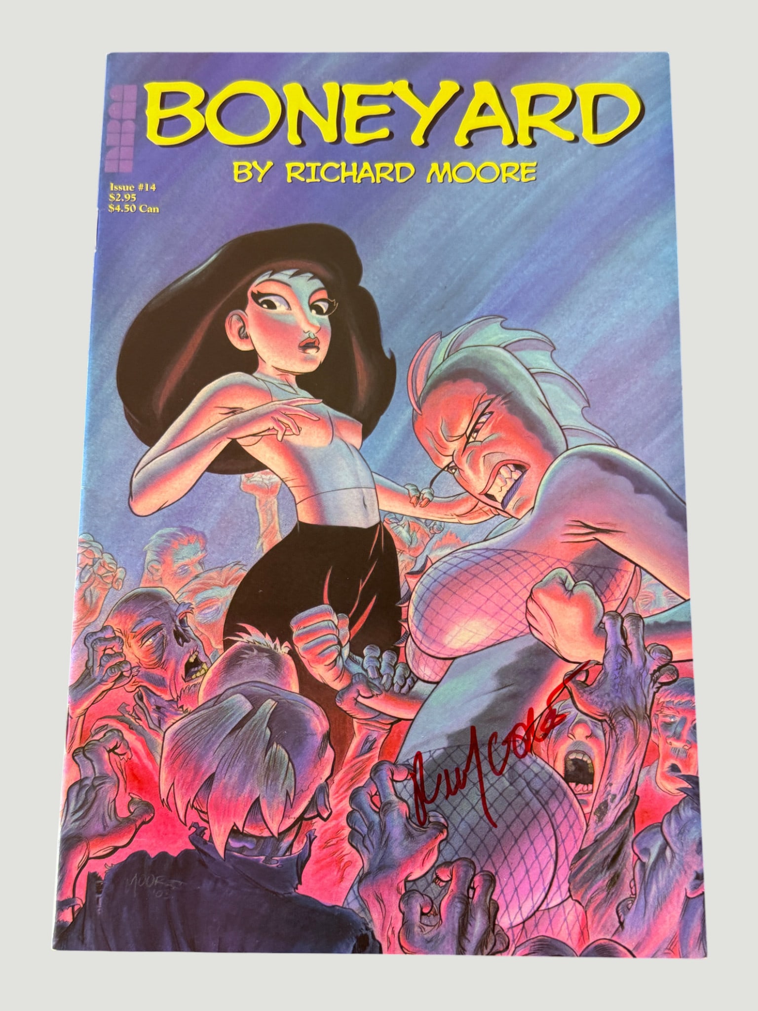 Boneyard #14 by Richard Moore, NBM Publishing — Signed in Red Marker: Boneyard issue #14, published by NBM Publishing, written and illustrated by Richard Moore. This is a signed copy, bearing what appears to be Richard Moore's autograph in red marker on the cover. Boney